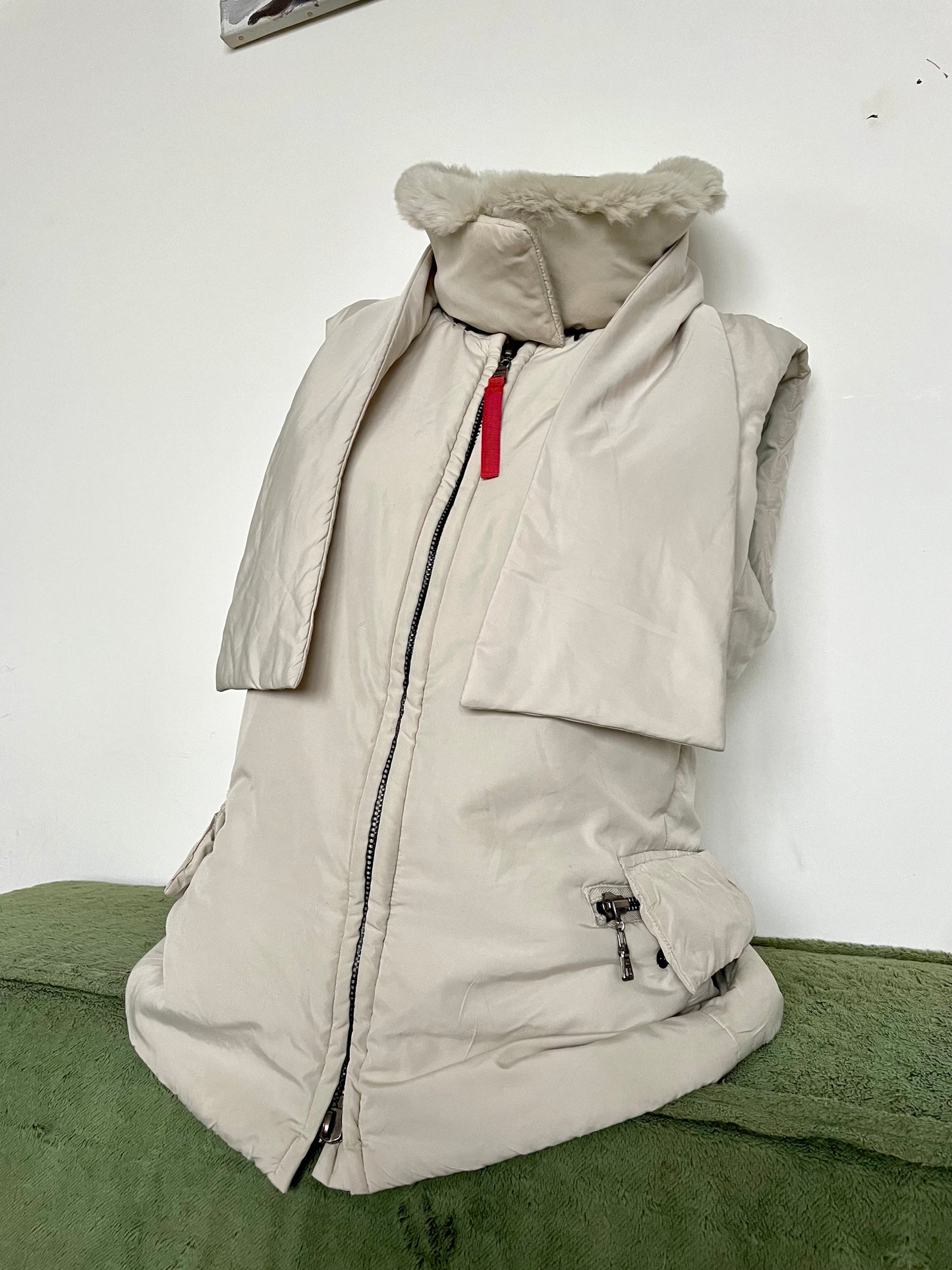 Prada 2000’s off-white nylon bodywarmer with removable fur collar and scarf