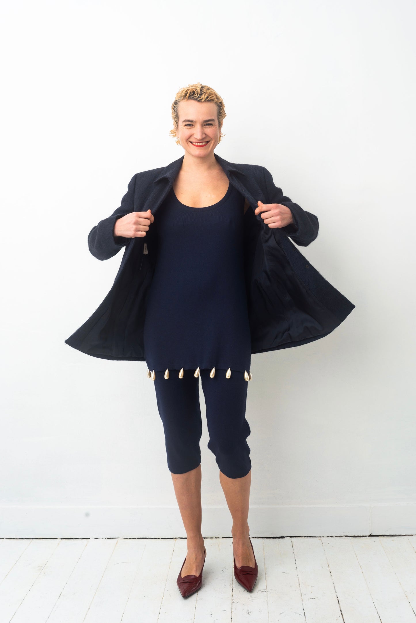 Angelo Tarlazzi 90’s dark blue cotton knit short set with pearls
