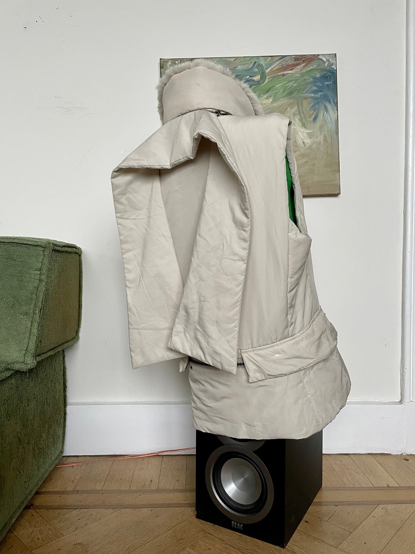 Prada 2000’s off-white nylon bodywarmer with removable fur collar and scarf
