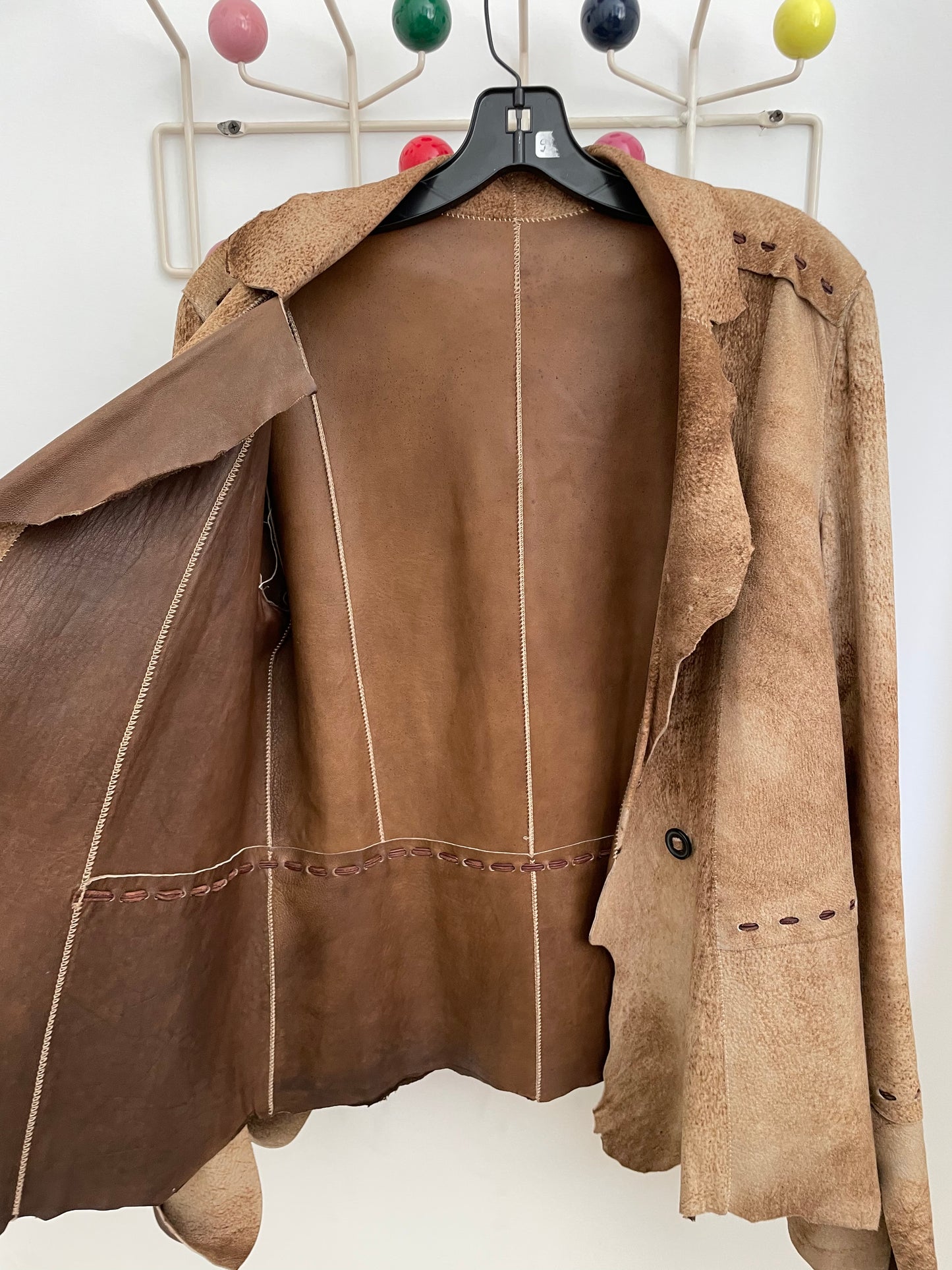 Sylvie Schimmel early 2000's leather patchwork roughly cut brown jacket