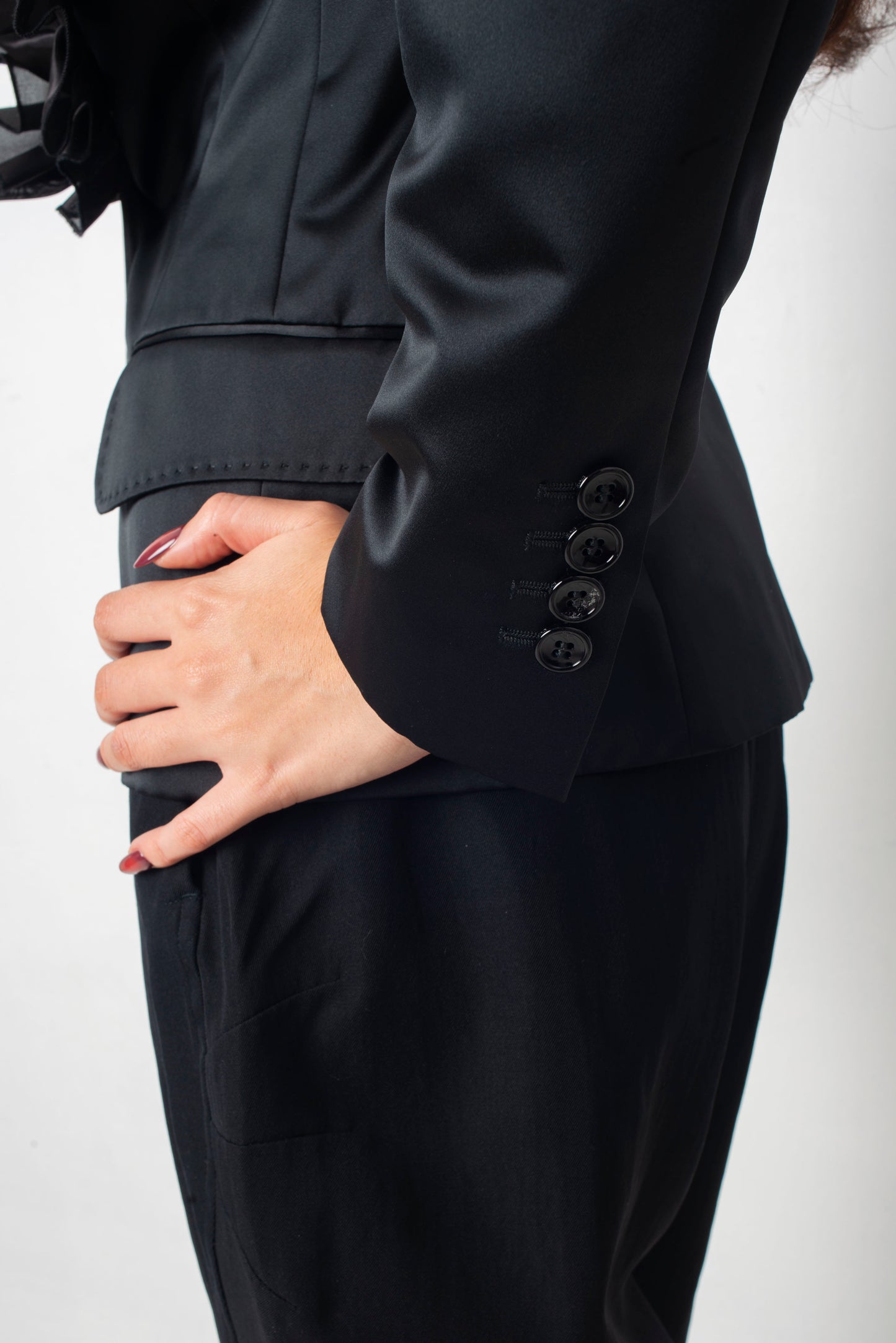 D&G black silk smoking blazer with ruffled collar