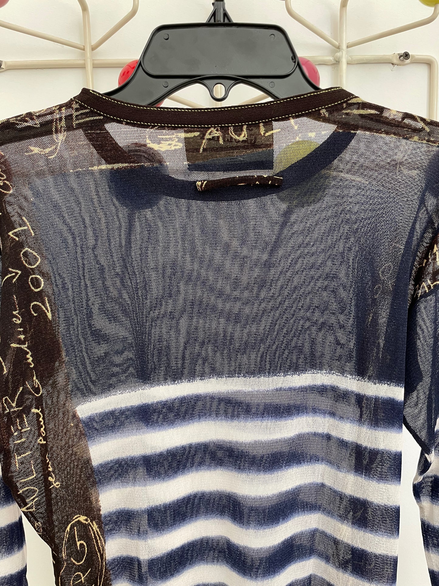Jean Paul Gaultier 2001 striped graffiti mesh long sleeve shirt