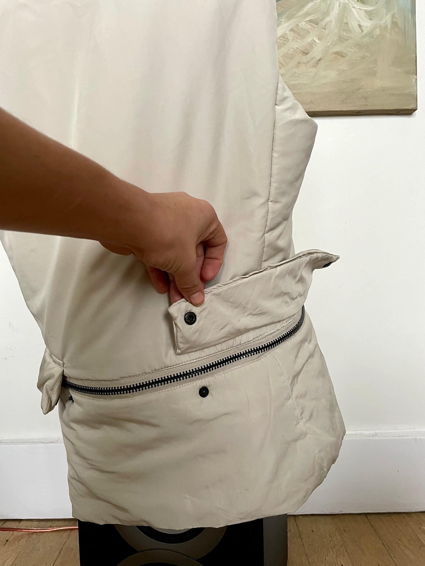 Prada 2000’s off-white nylon bodywarmer with removable fur collar and scarf