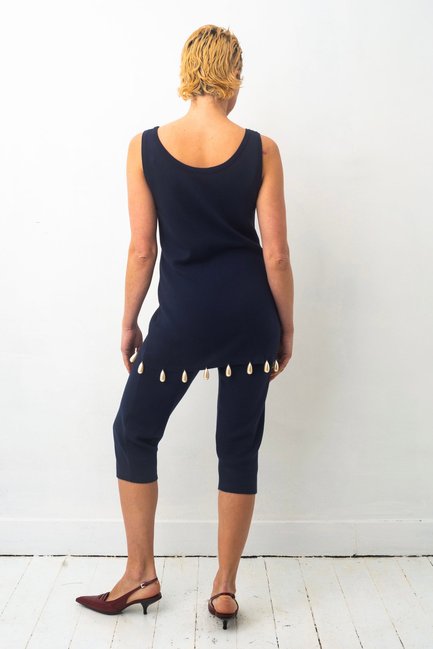 Angelo Tarlazzi 90’s dark blue cotton knit short set with pearls