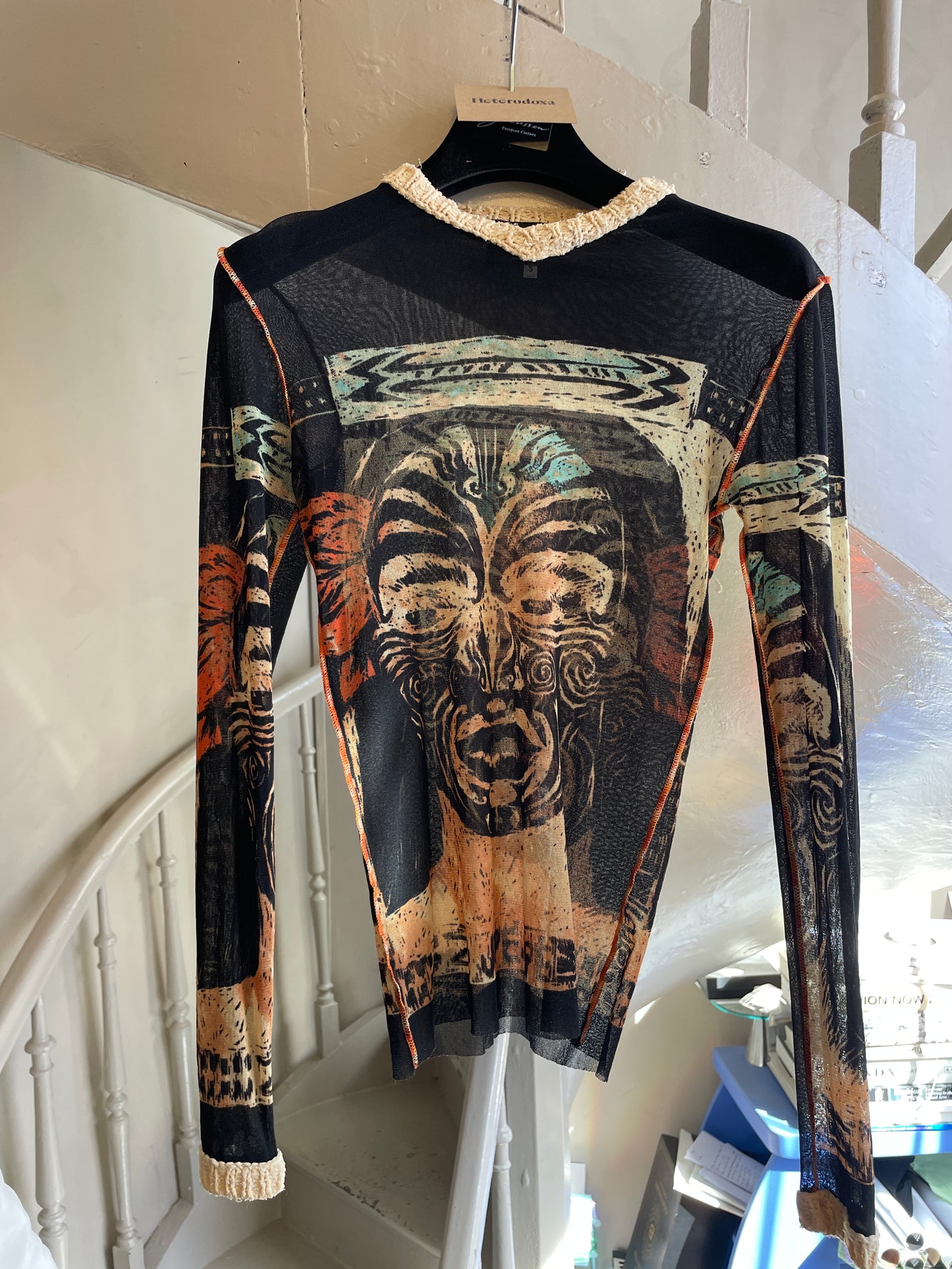 Jean Paul Gaultier 90s Maori print mesh shirt