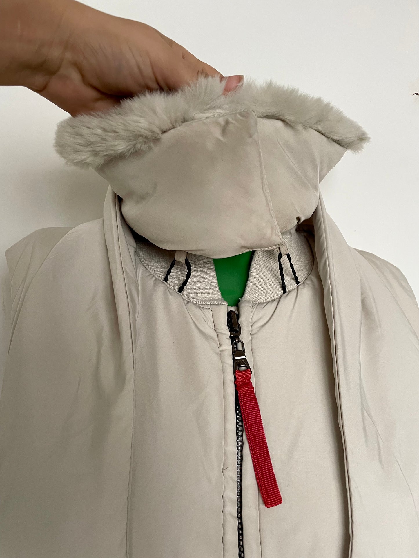 Prada 2000’s off-white nylon bodywarmer with removable fur collar and scarf