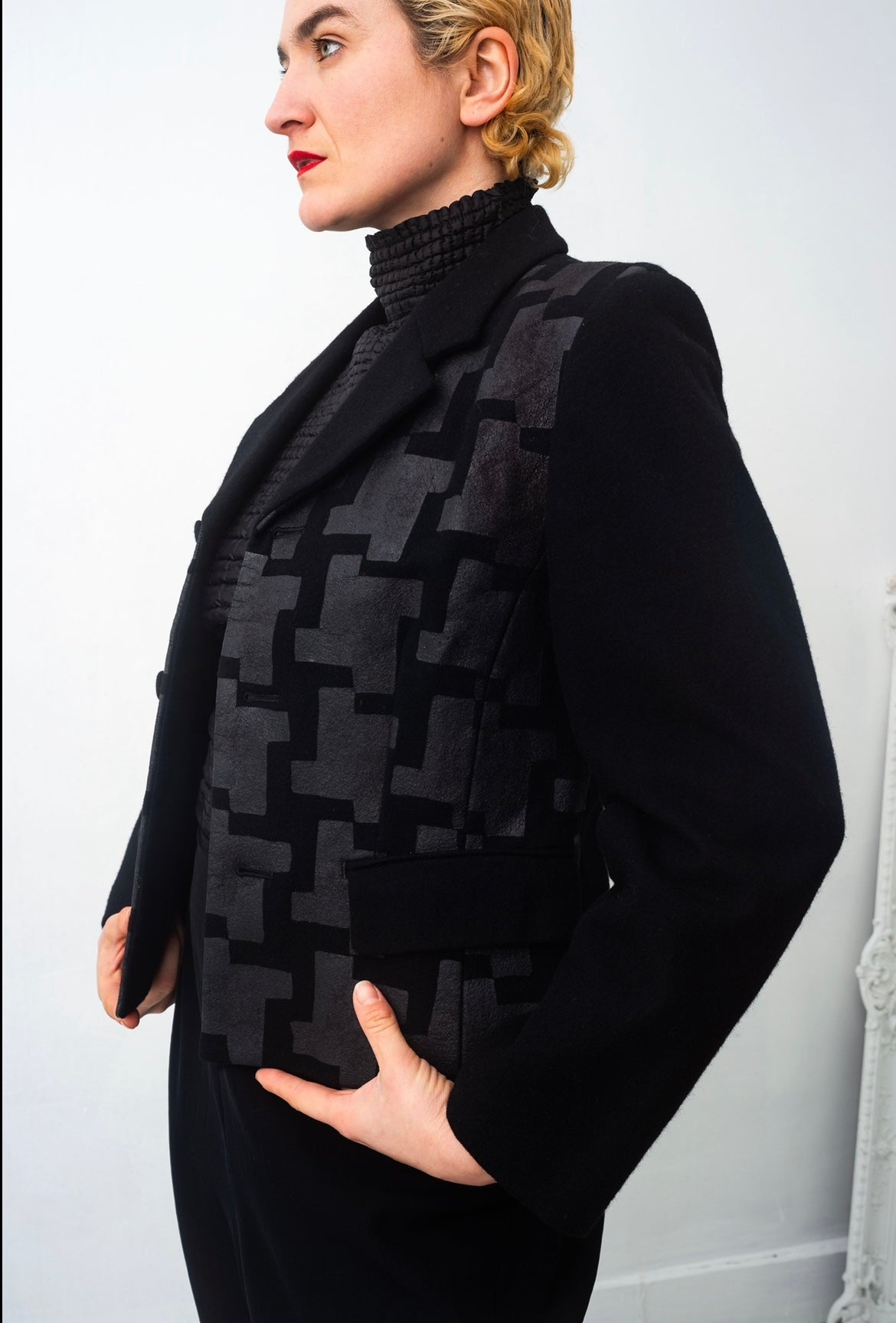 Comme des Garçons AD 1991 black wool jacket with graphic wax print