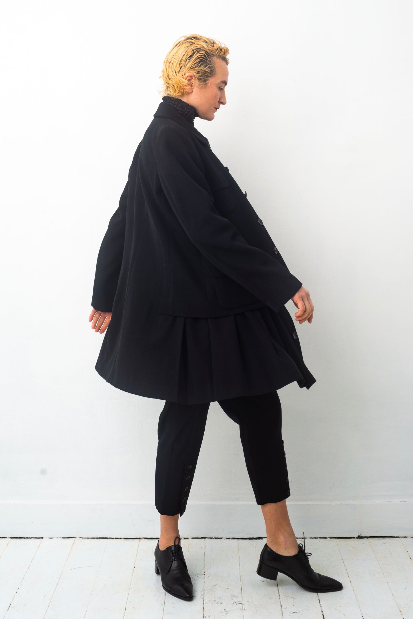 Comme des Garçons AD 1995 black wool coat with attached skirt