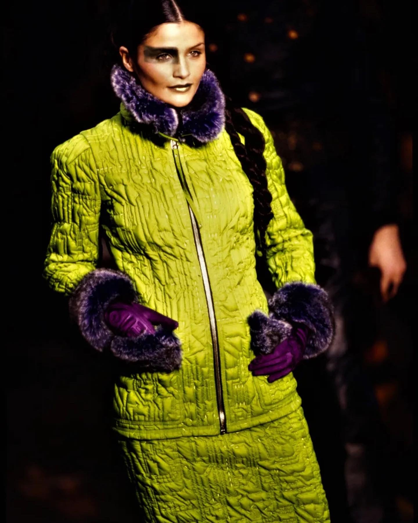 Jean Paul Gaultier FW 1995 faux fur nylon coat with circuit board stitching