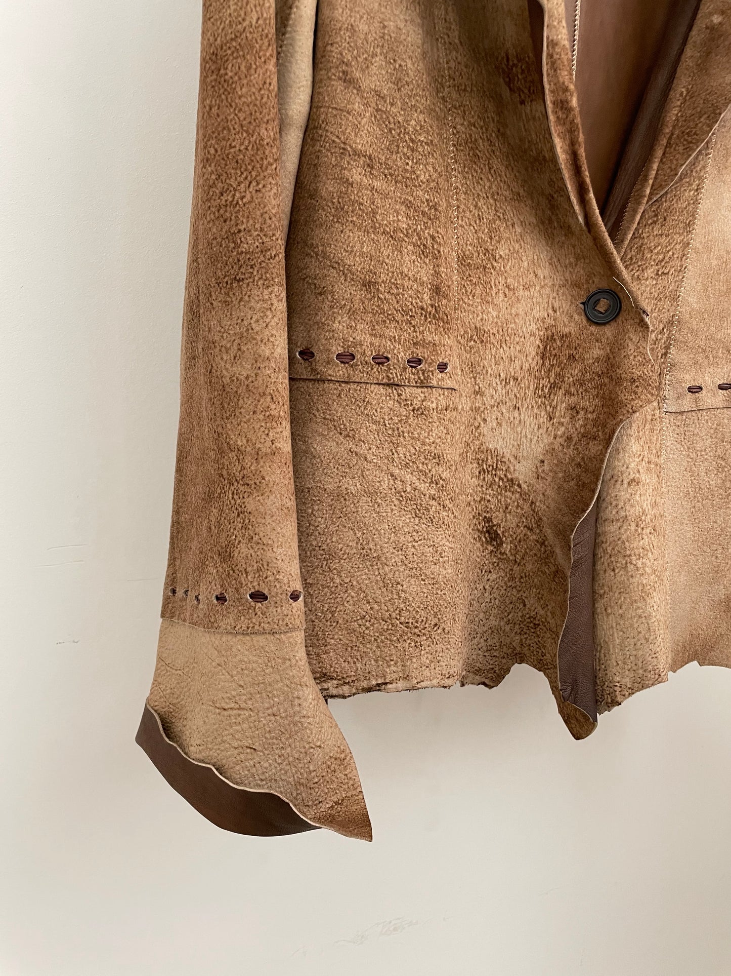 Sylvie Schimmel early 2000's leather patchwork roughly cut brown jacket