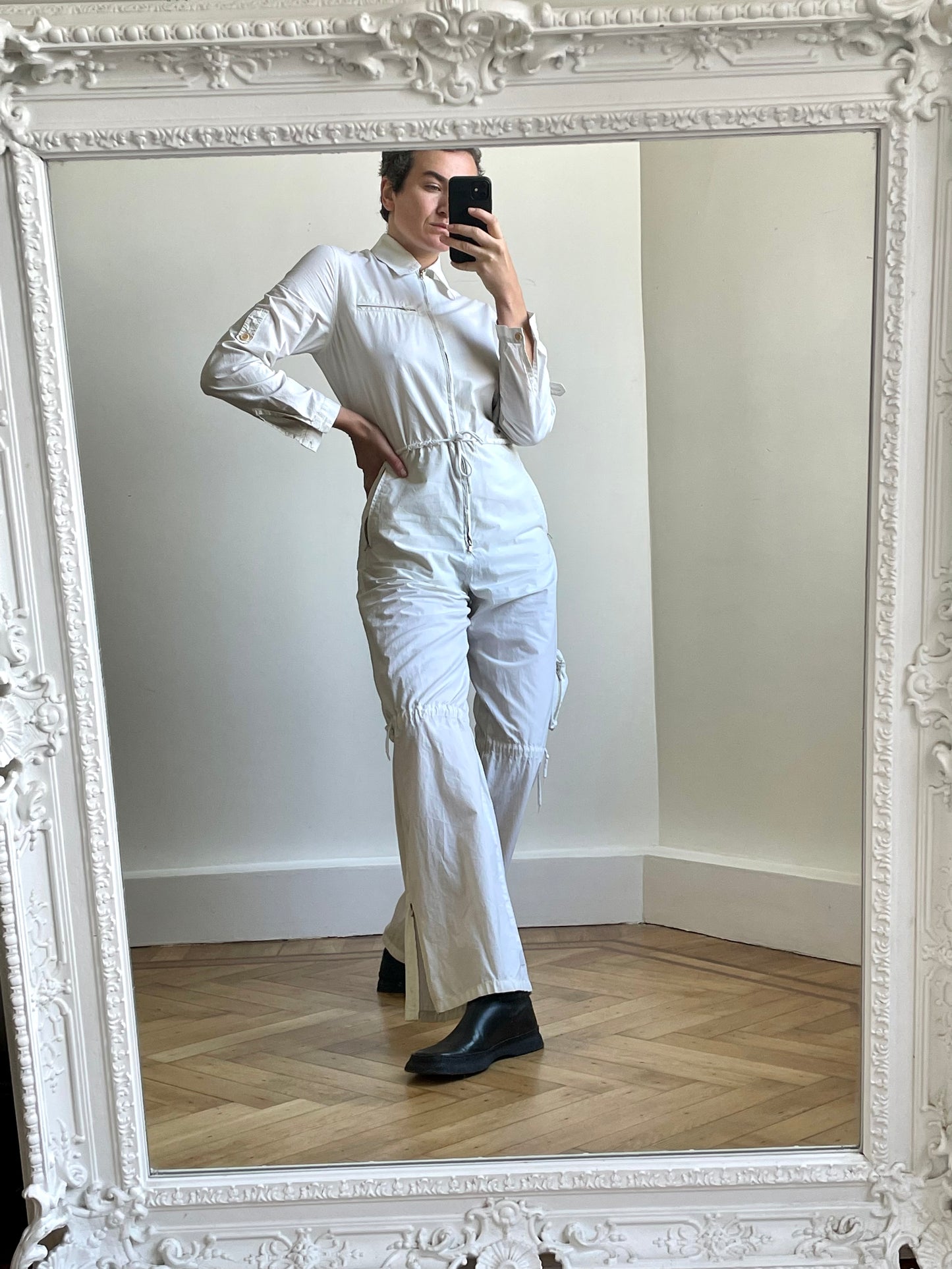 Krizia 90s white cotton workwear inspired jumpsuit