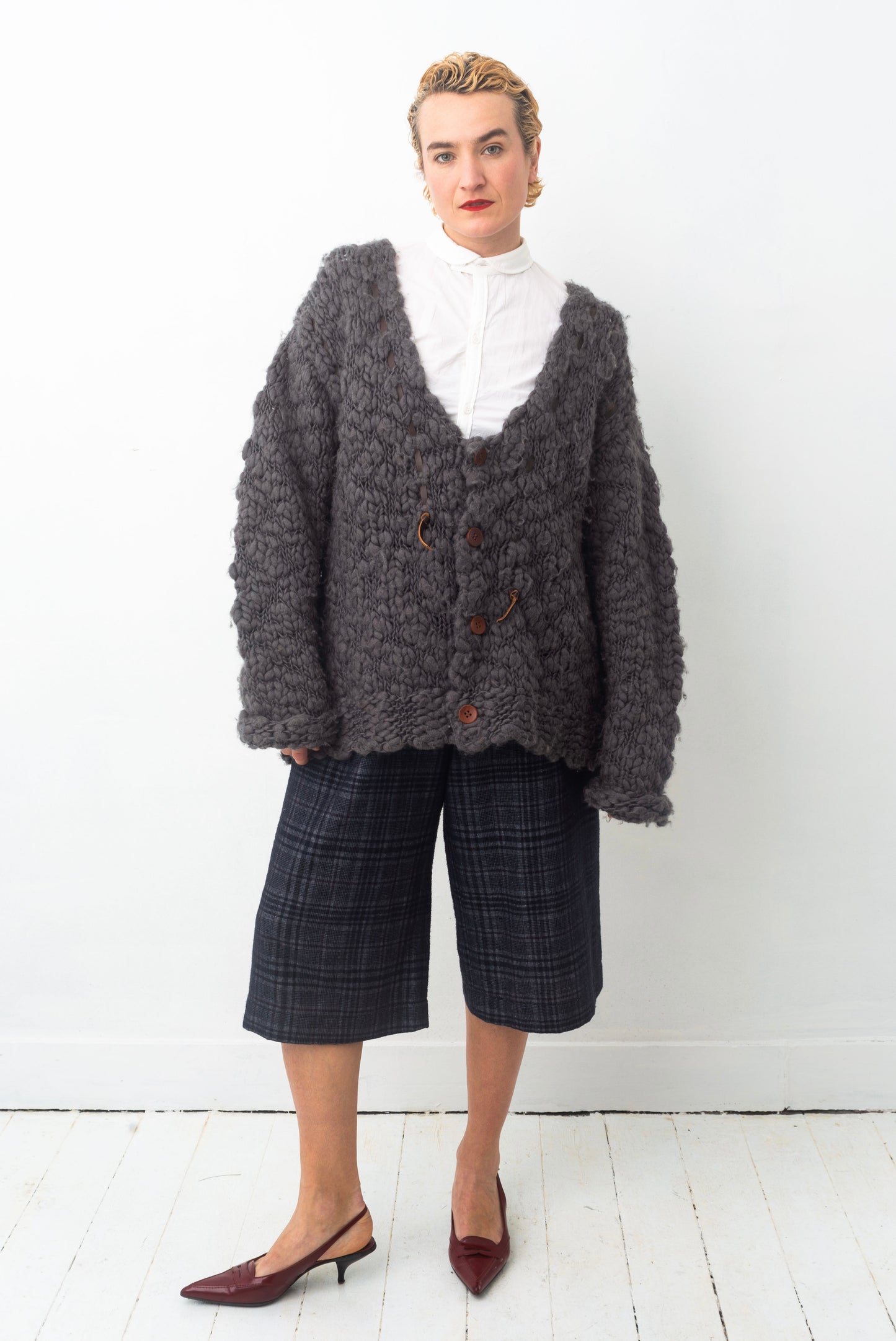 Issey Miyake FW 1994 Men’s chunky knit grey sweater with leather string detail