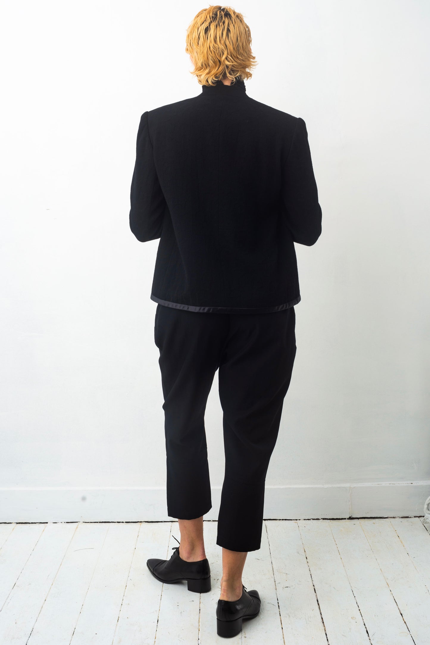 Comme des Garçons 80's wool woven short jacket with mandarin collar and silk finishings