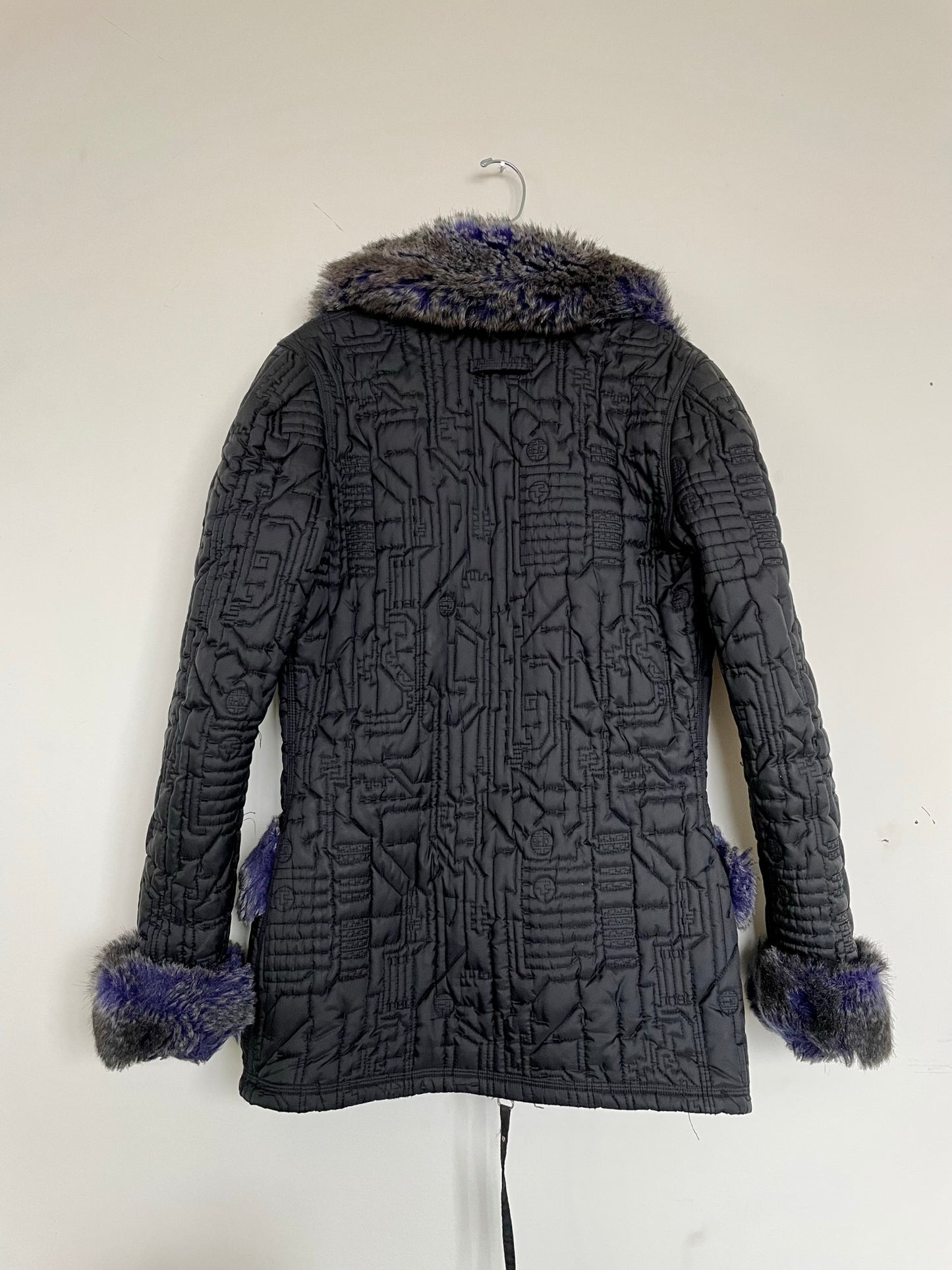 Jean Paul Gaultier FW 1995 faux fur nylon coat with circuit board stitching
