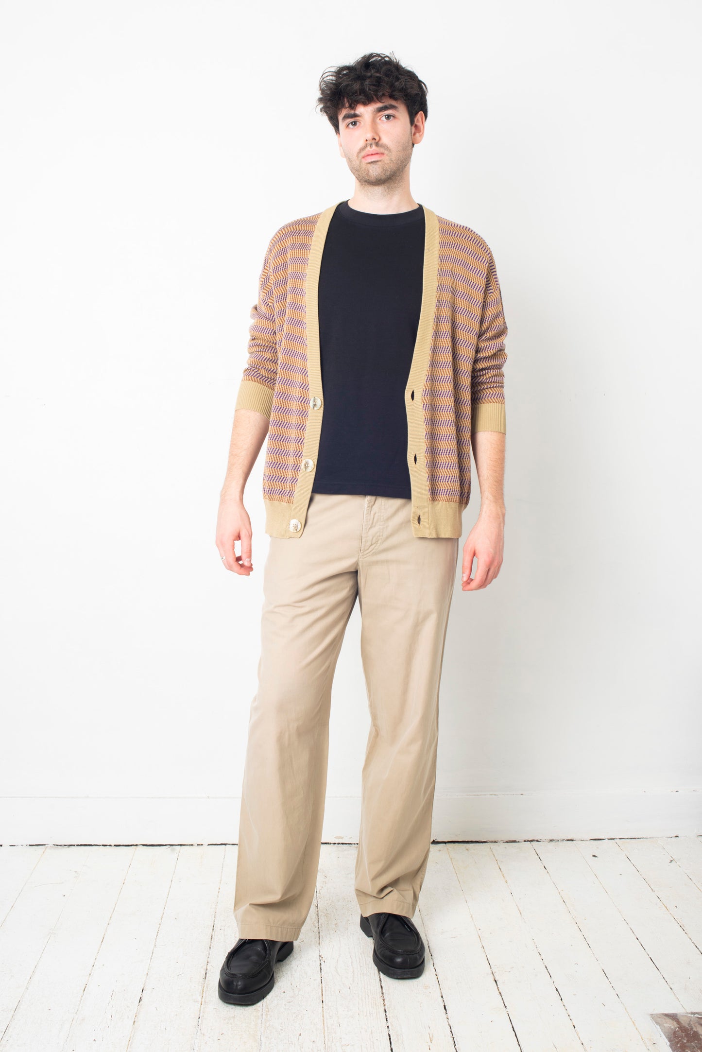 Giorgio Armani 90s zig zag knit beige & purple cotton cardigan