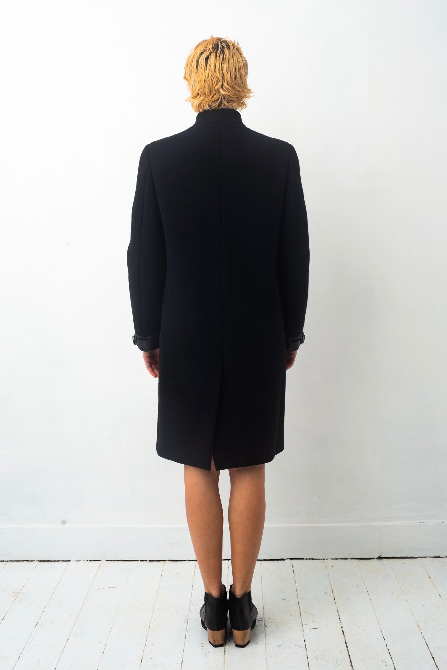 Prada FW 1999 black wool coat with leather details