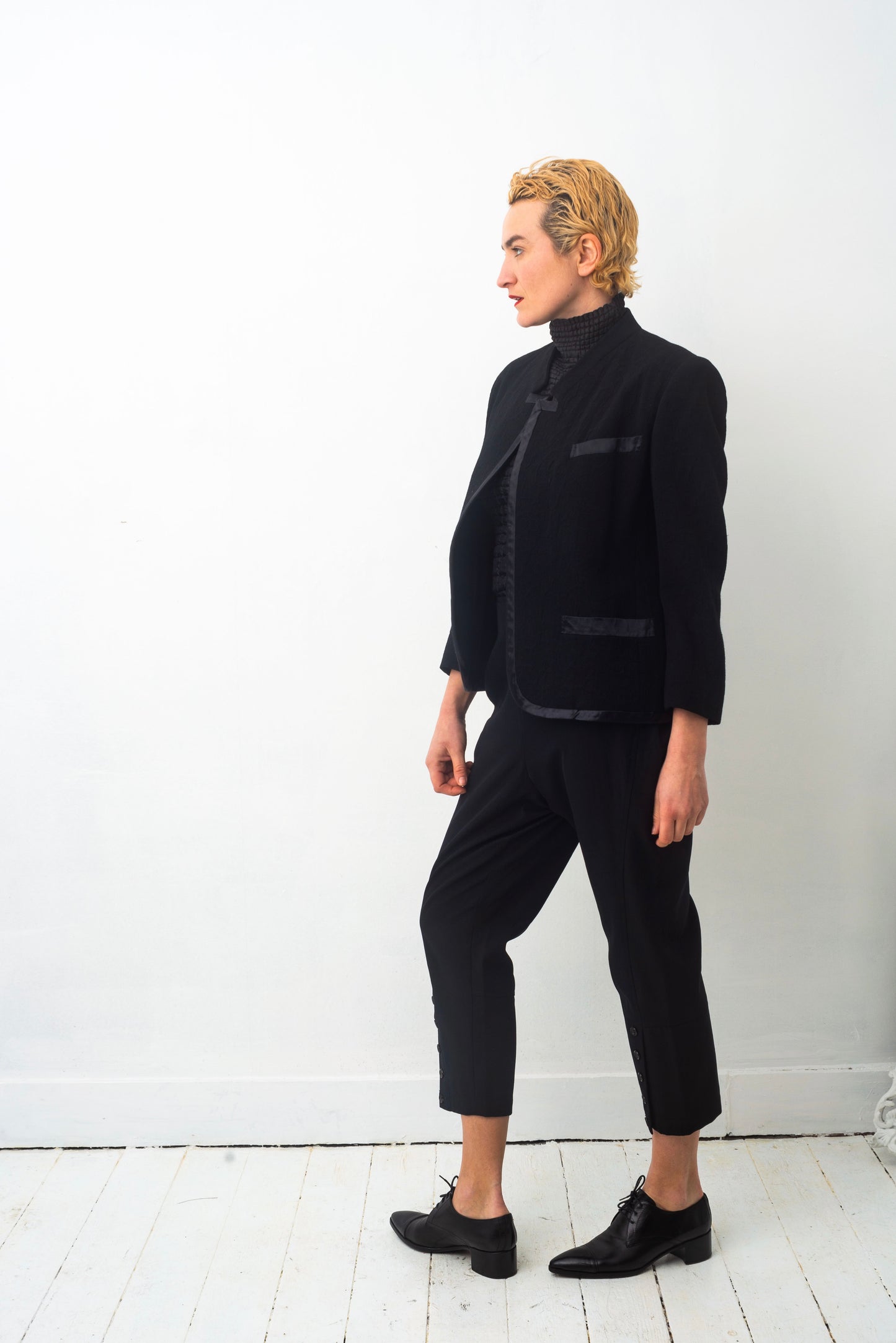 Comme des Garçons 80's wool woven short jacket with mandarin collar and silk finishings