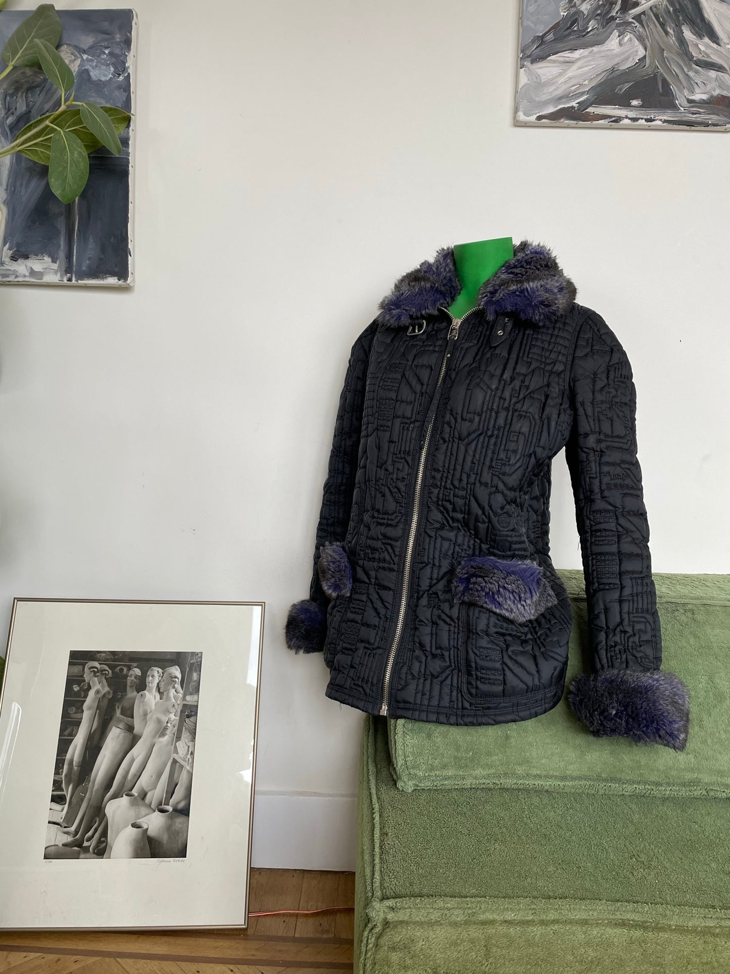 Jean Paul Gaultier FW 1995 faux fur nylon coat with circuit board stitching