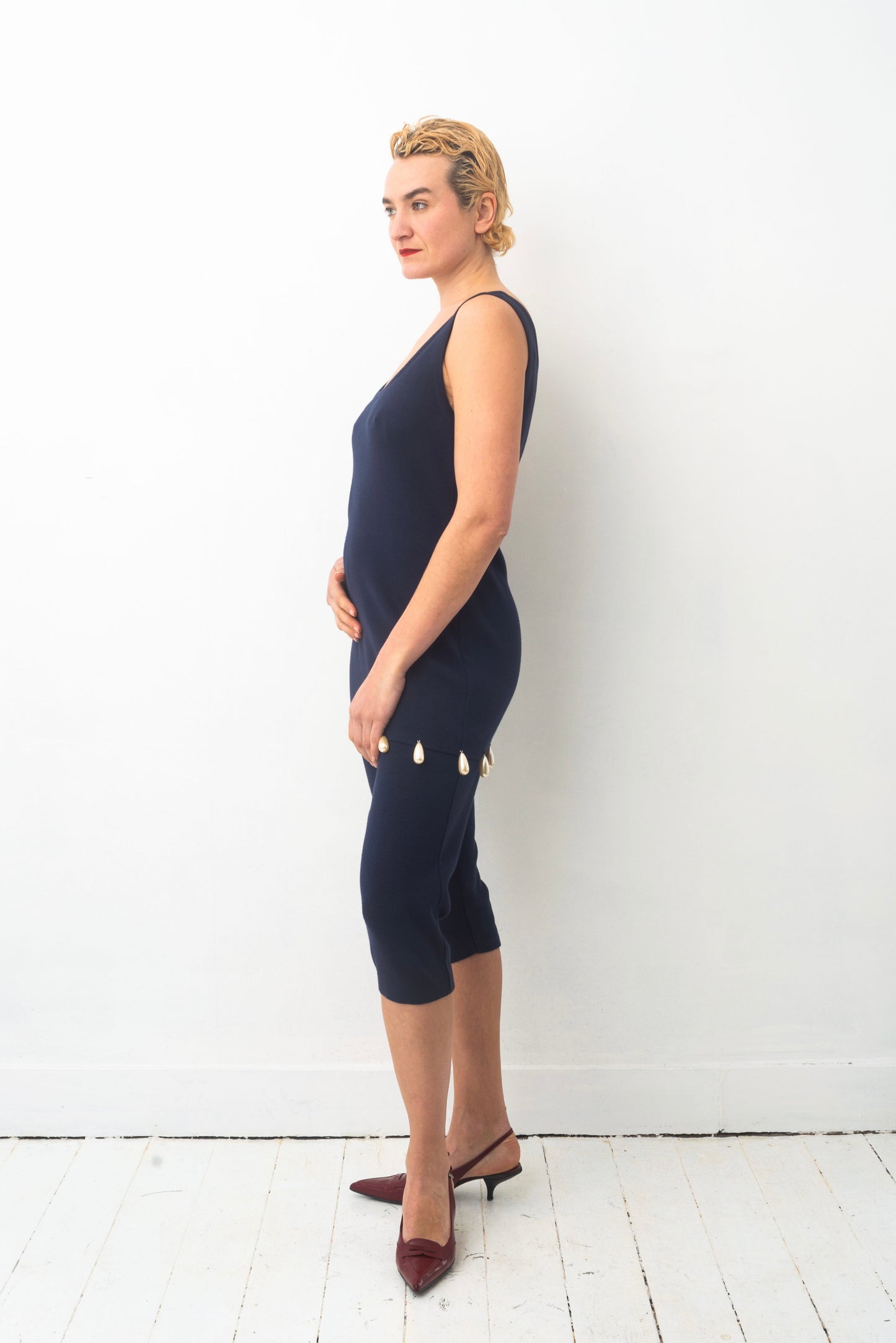 Angelo Tarlazzi 90’s dark blue cotton knit short set with pearls