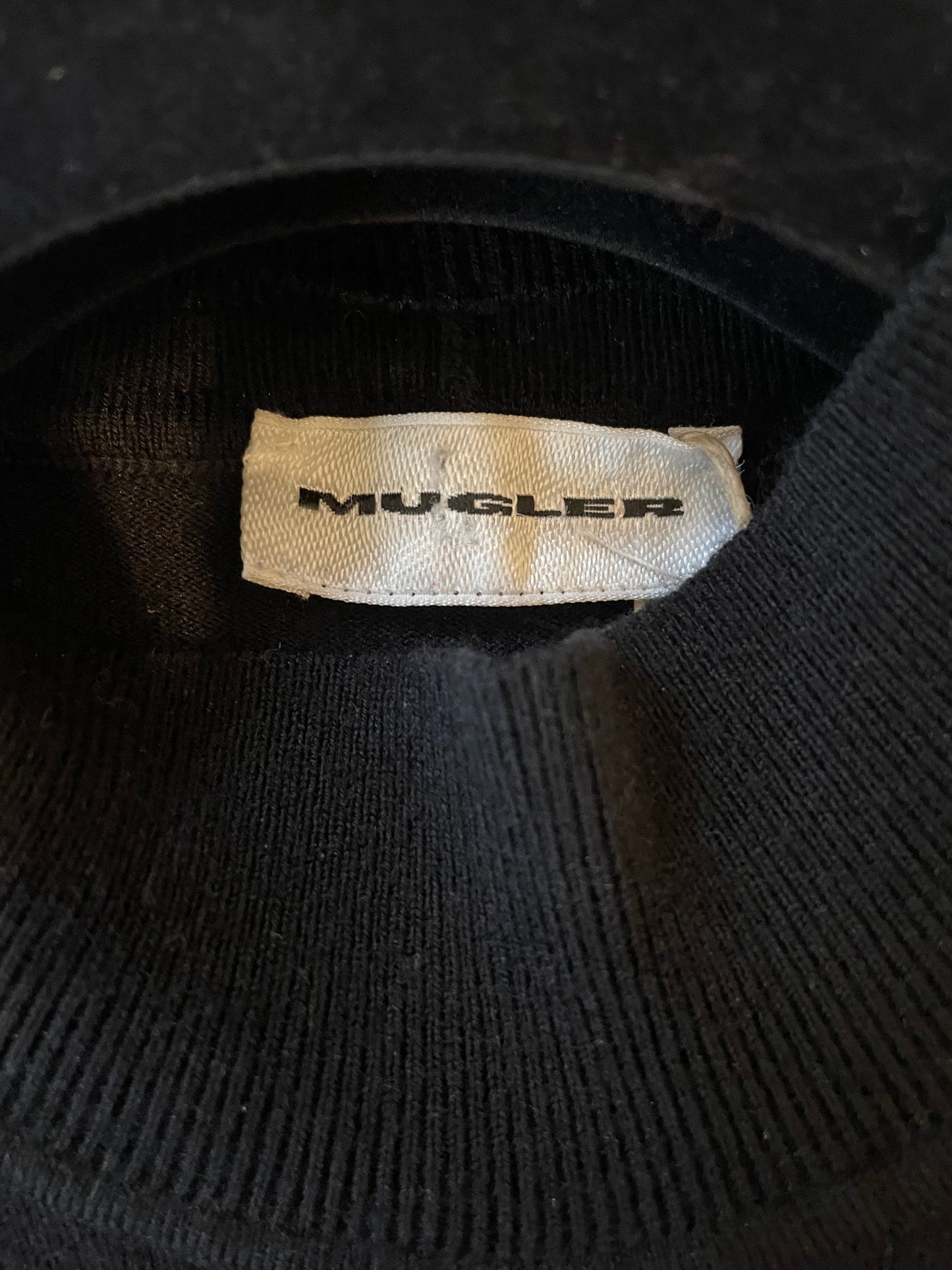 Thierry Mugler 90’s wool knit black and white bodycon dress with zipper chest opening