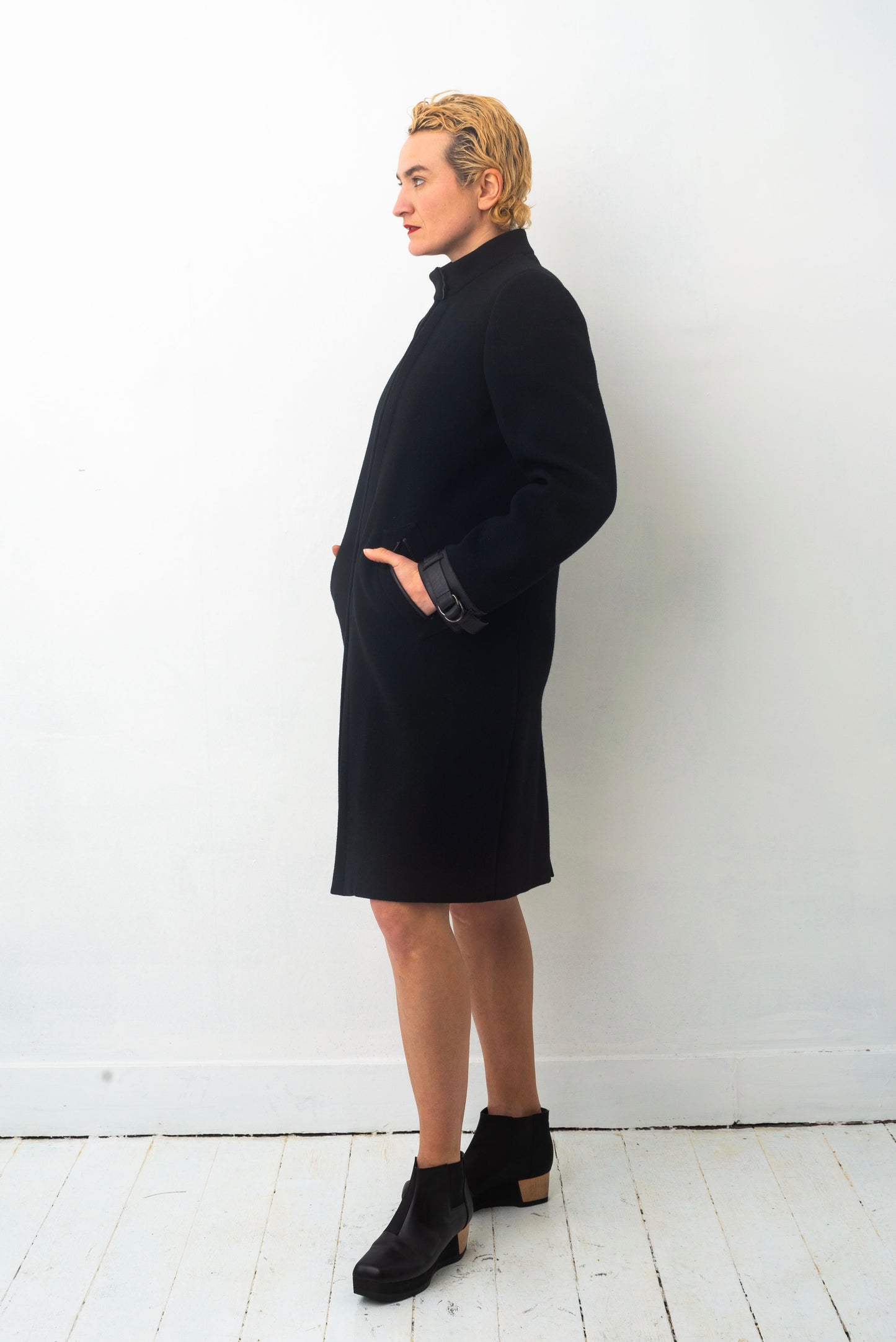 Prada FW 1999 black wool coat with leather details