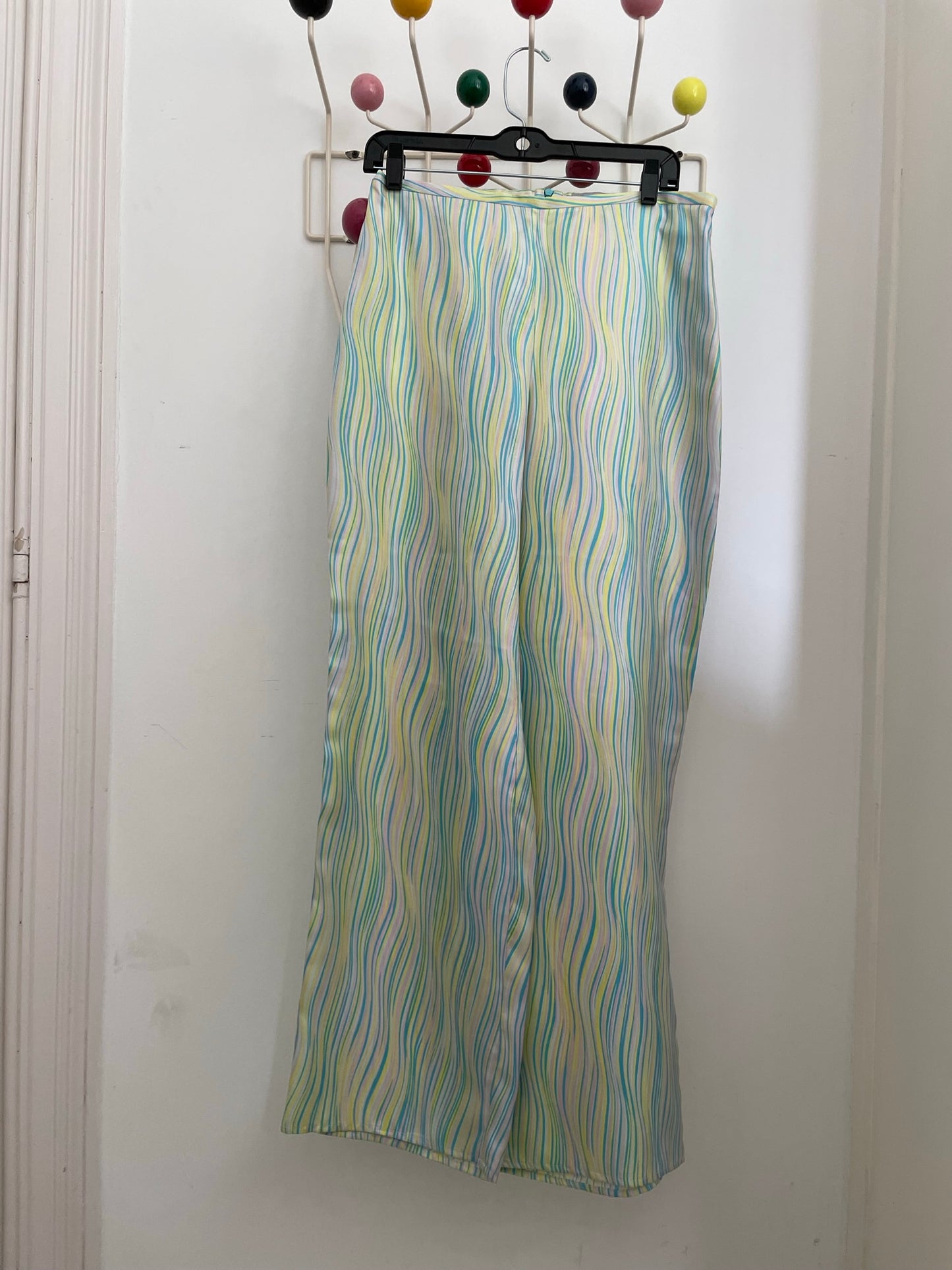 Missoni 2000's silk white palazzo pants with wavy blue, green & yellow lines