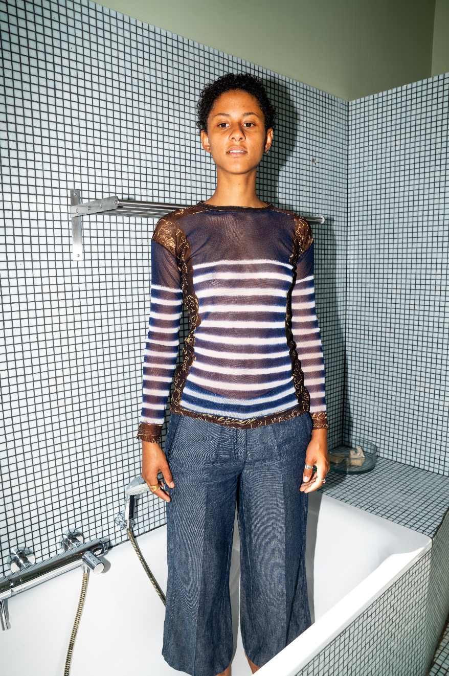 Jean Paul Gaultier 2001 striped graffiti mesh long sleeve shirt