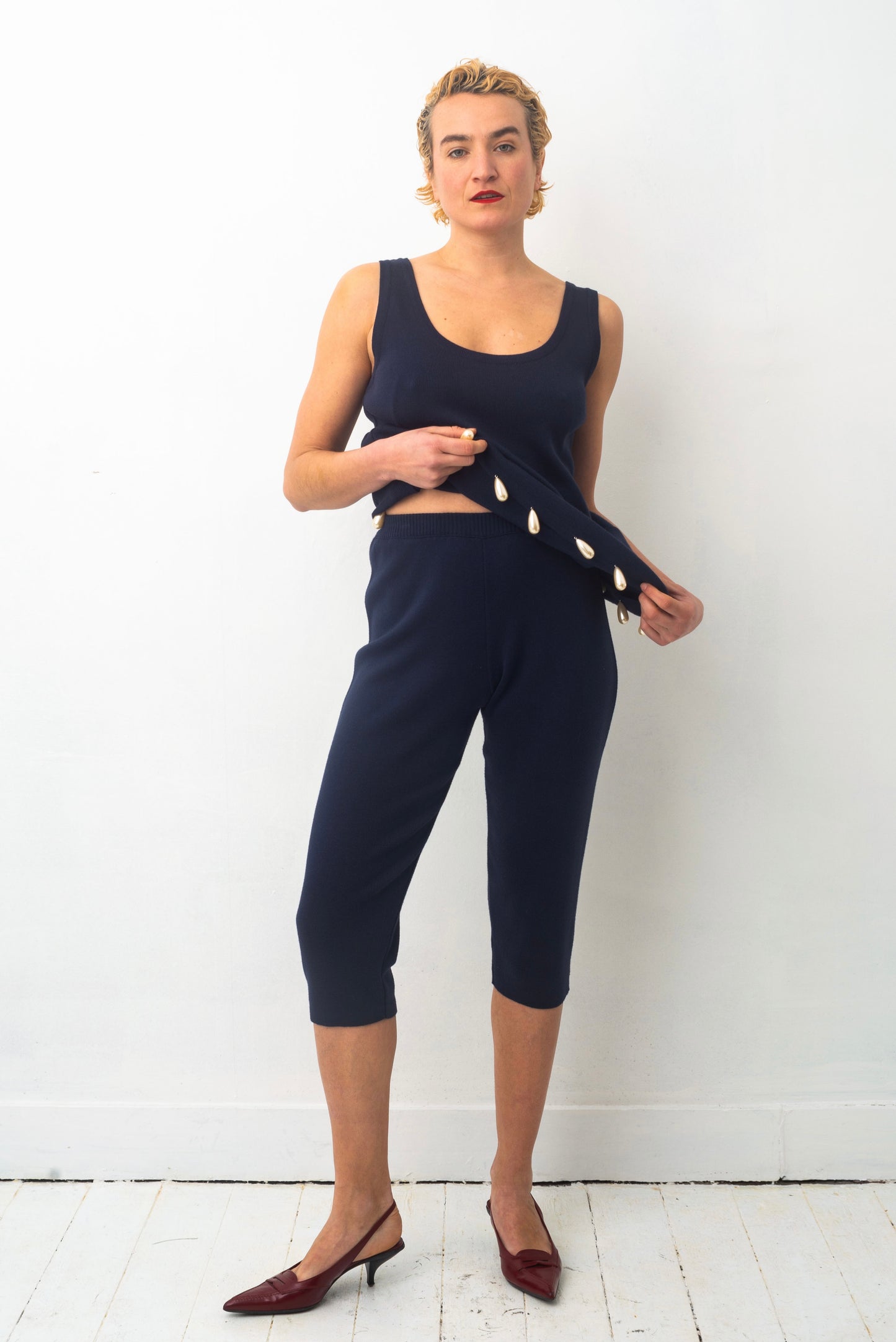 Angelo Tarlazzi 90’s dark blue cotton knit short set with pearls