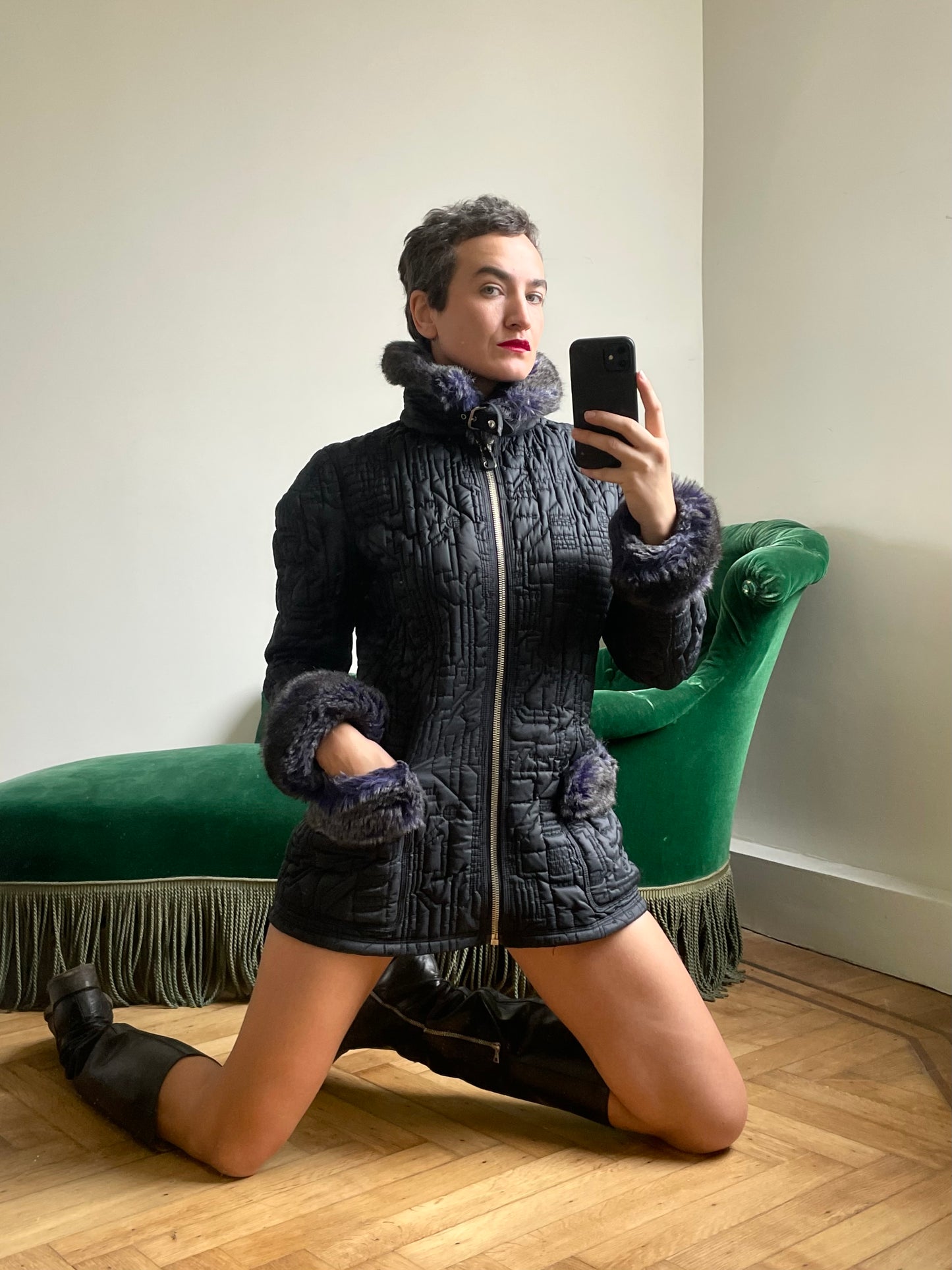 Jean Paul Gaultier FW 1995 faux fur nylon coat with circuit board stitching
