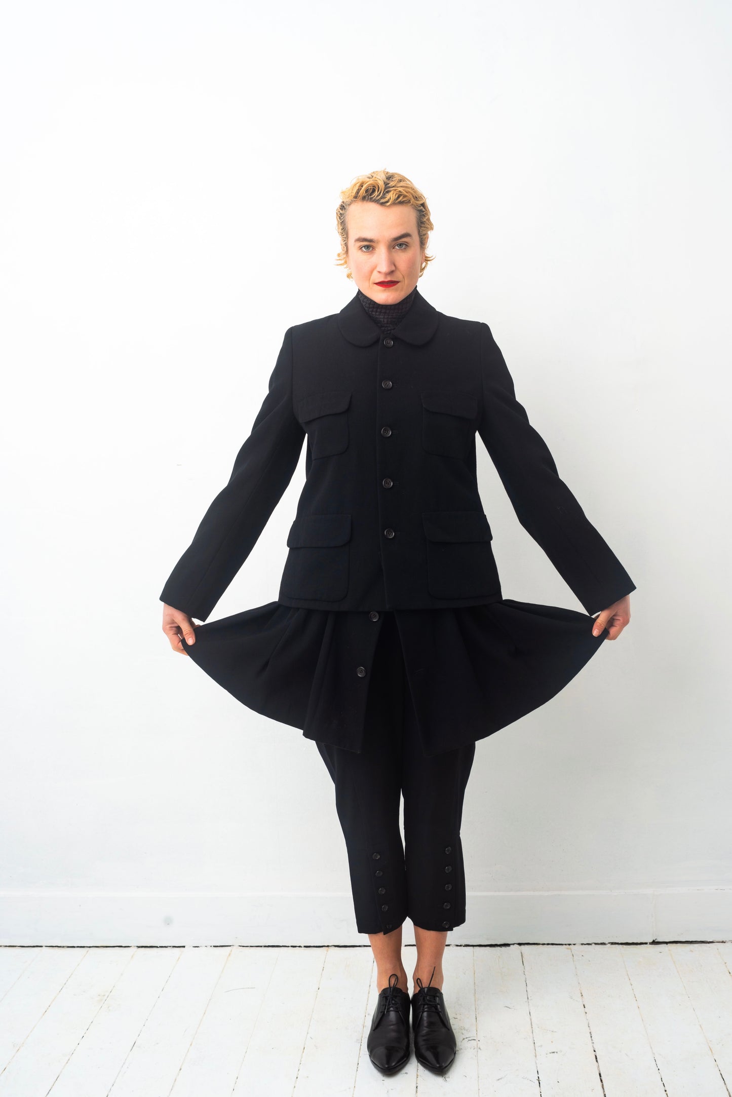 Comme des Garçons AD 1995 black wool coat with attached skirt