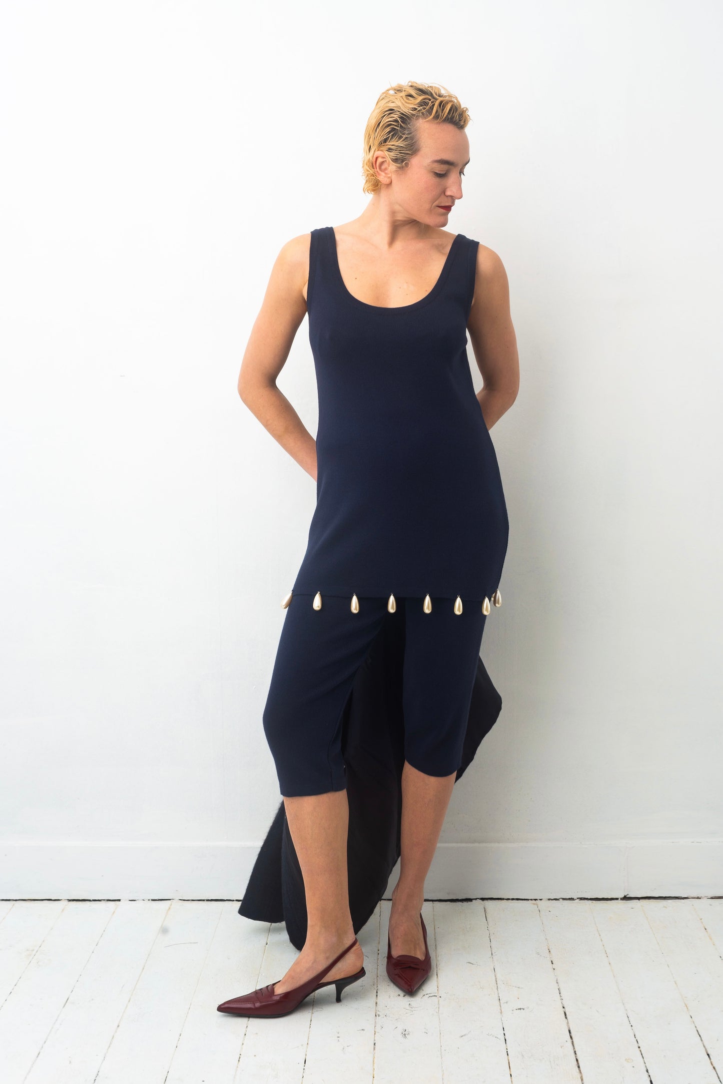Angelo Tarlazzi 90’s dark blue cotton knit short set with pearls