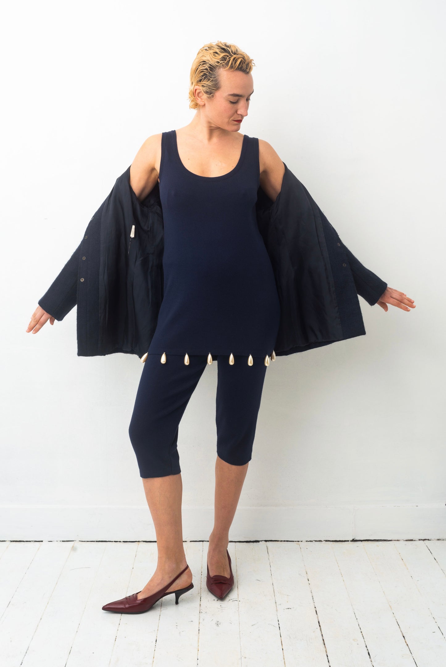 Angelo Tarlazzi 90’s dark blue cotton knit short set with pearls