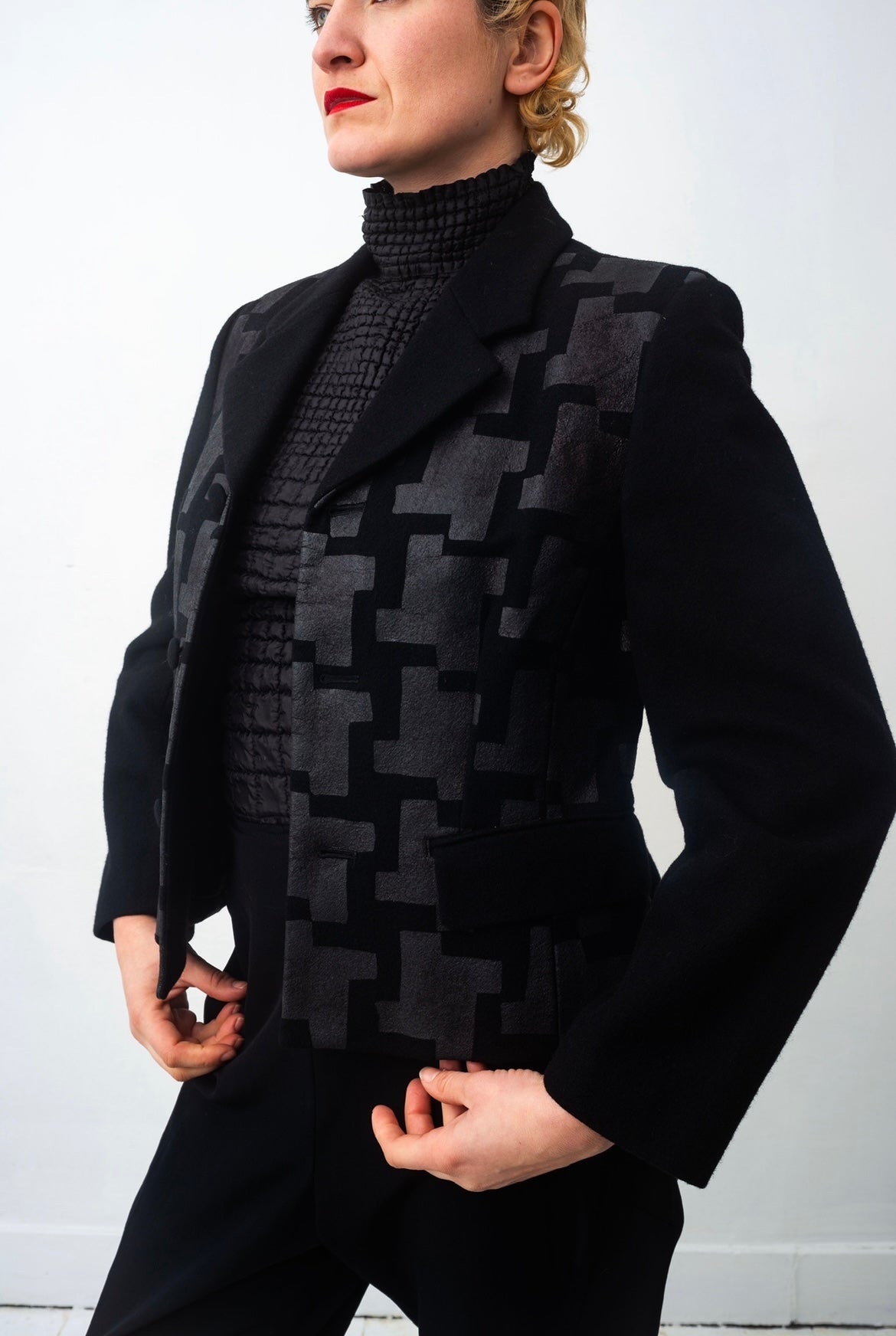 Comme des Garçons AD 1991 black wool jacket with graphic wax print