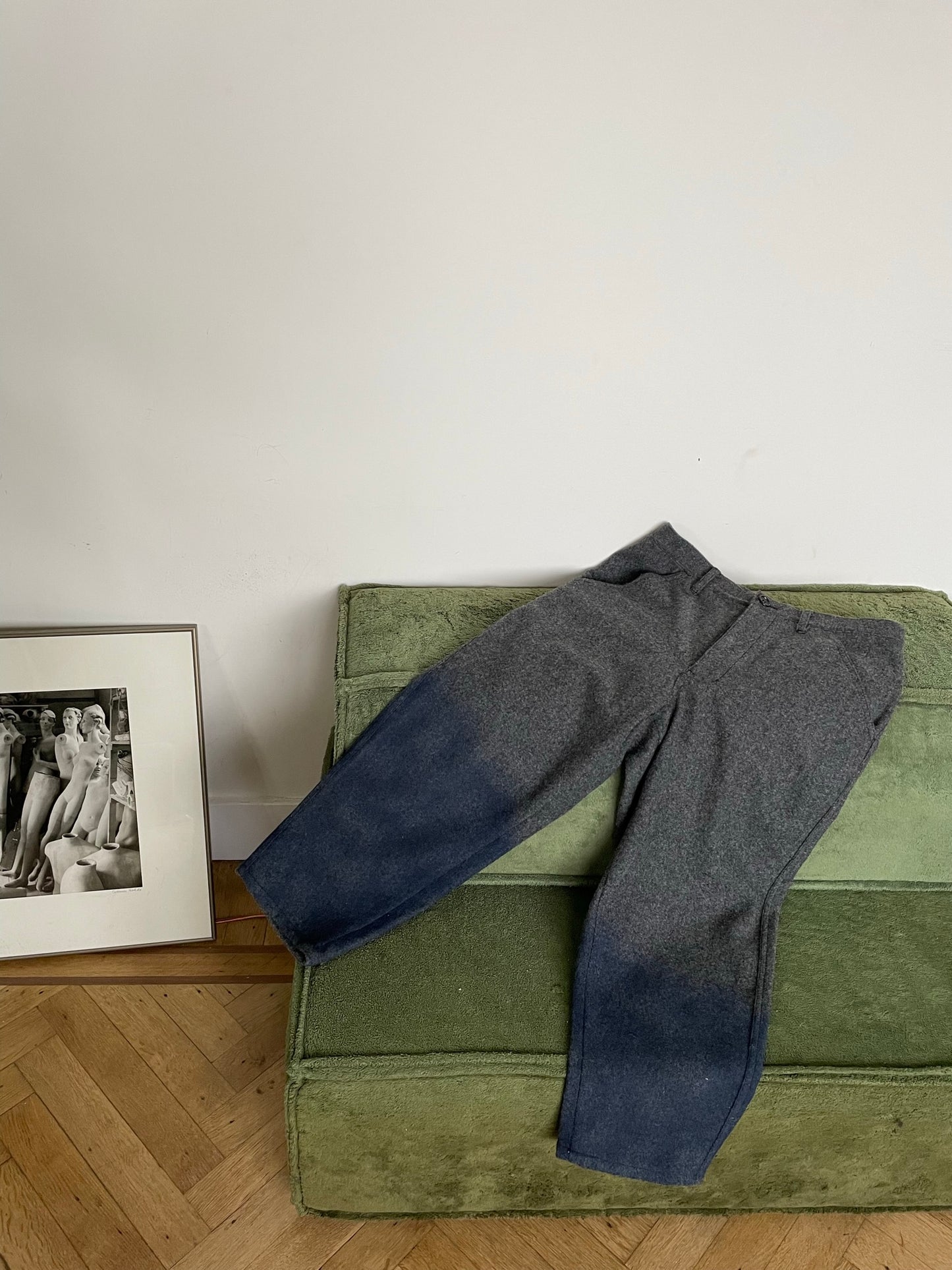 Comme des Garçons 2000's grey wool trousers with waxed blue coated ombre effect