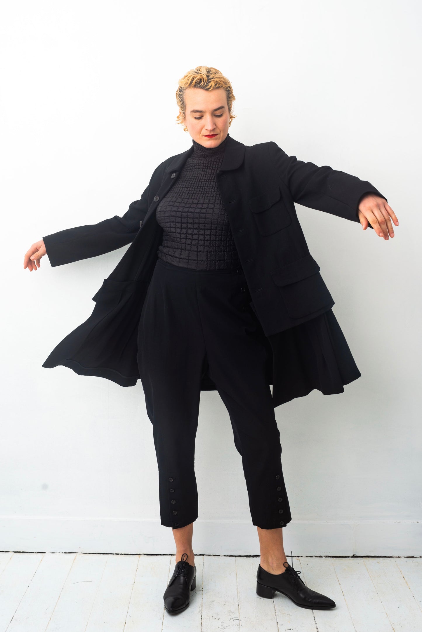 Comme des Garçons AD 1995 black wool coat with attached skirt