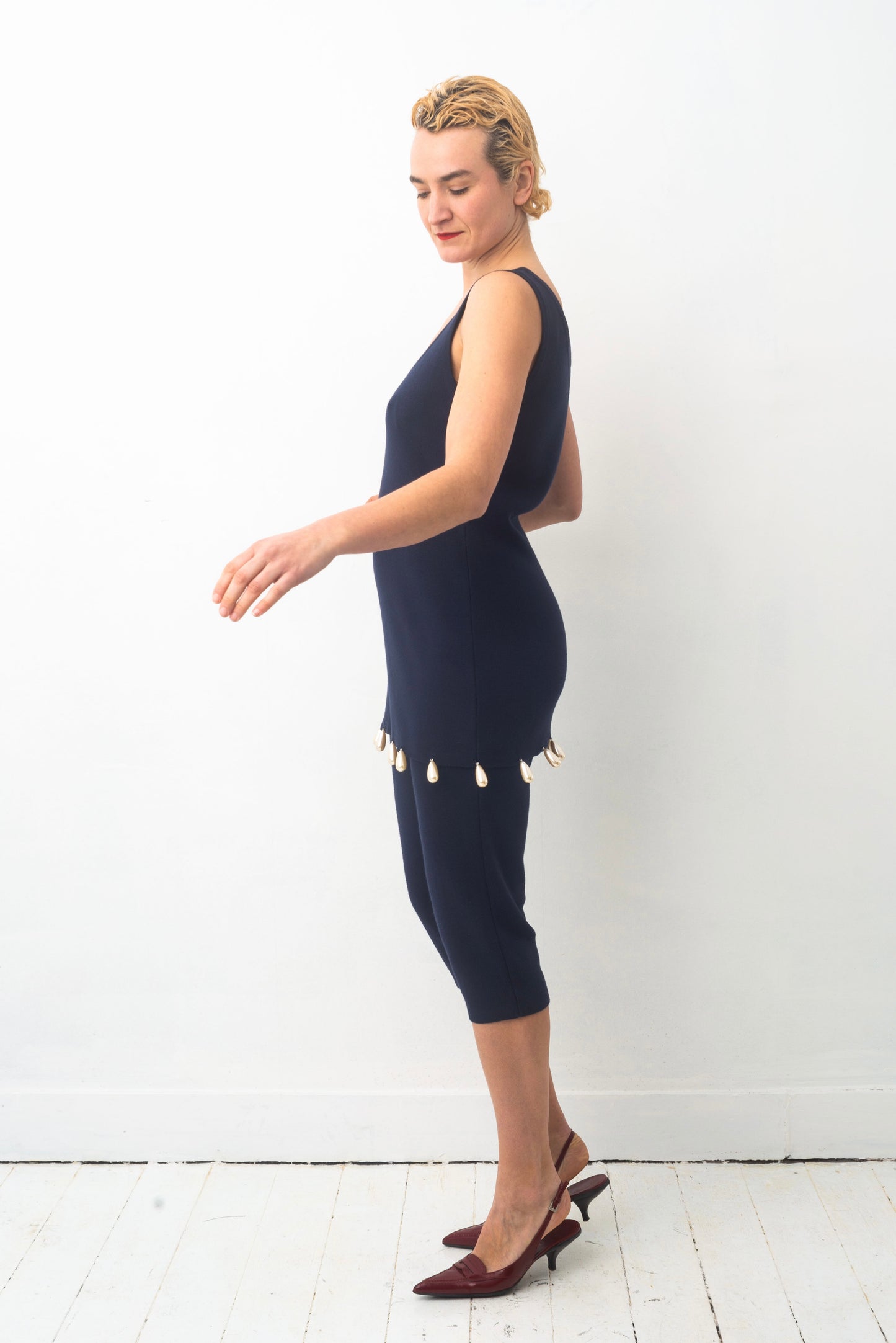 Angelo Tarlazzi 90’s dark blue cotton knit short set with pearls