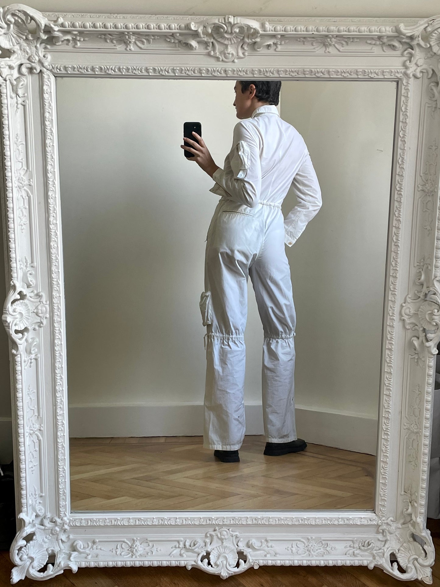 Krizia 90s white cotton workwear inspired jumpsuit