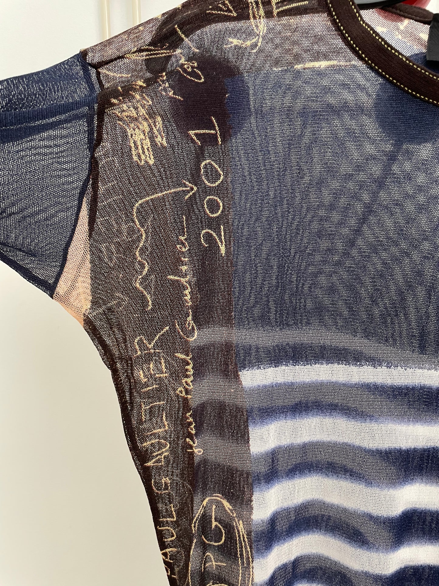 Jean Paul Gaultier 2001 striped graffiti mesh long sleeve shirt