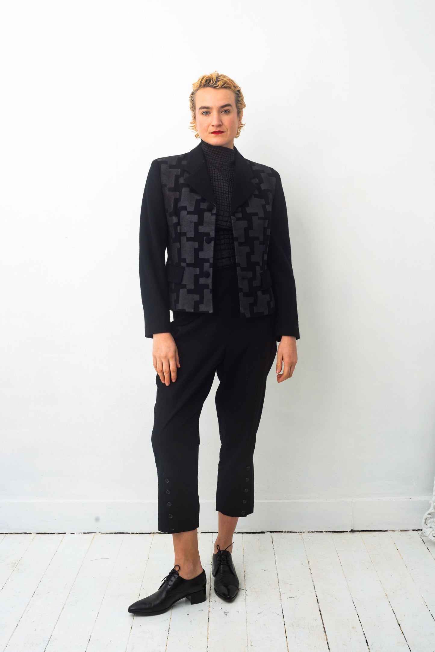 Comme des Garçons AD 1991 black wool jacket with graphic wax print