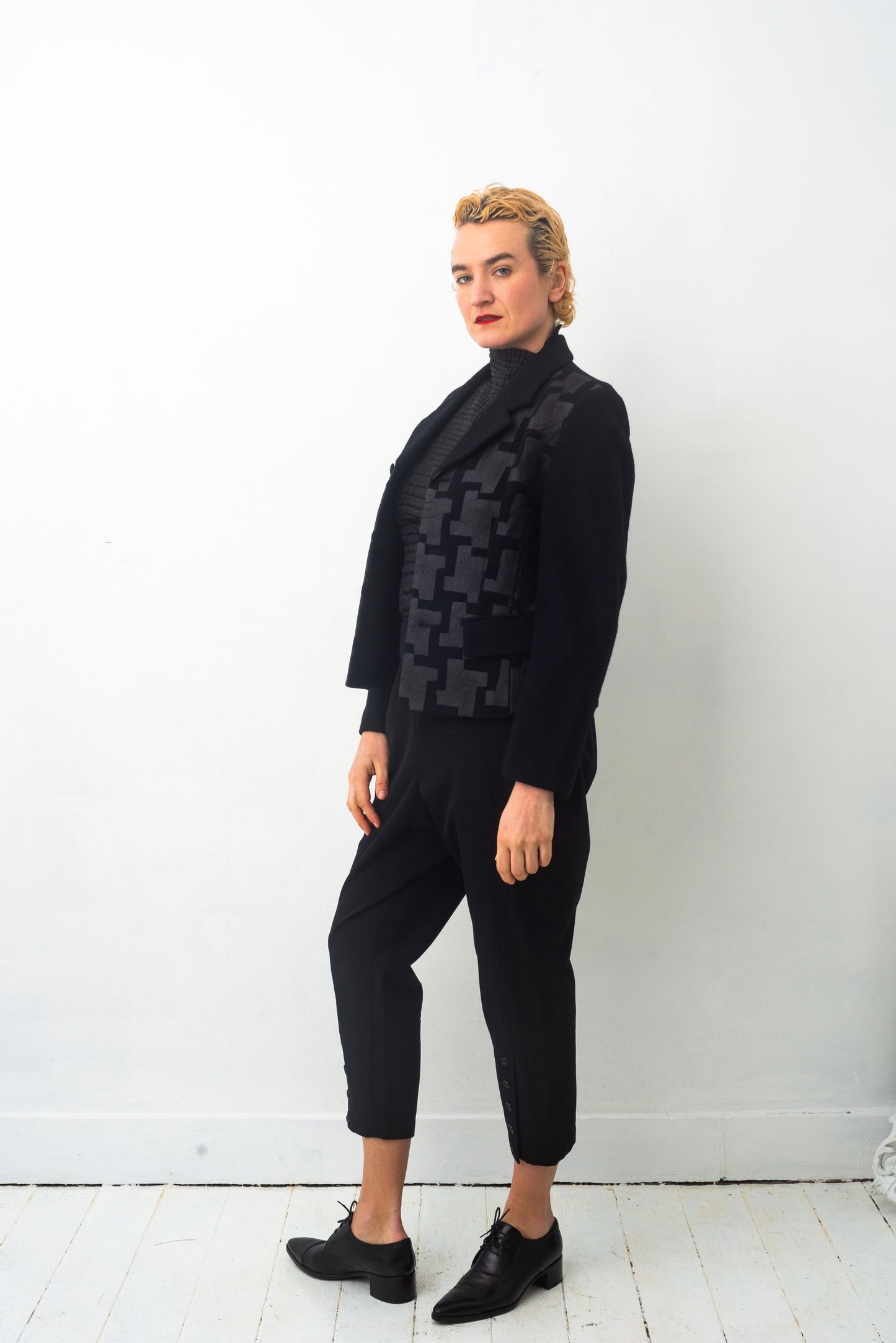 Comme des Garçons AD 1991 black wool jacket with graphic wax print