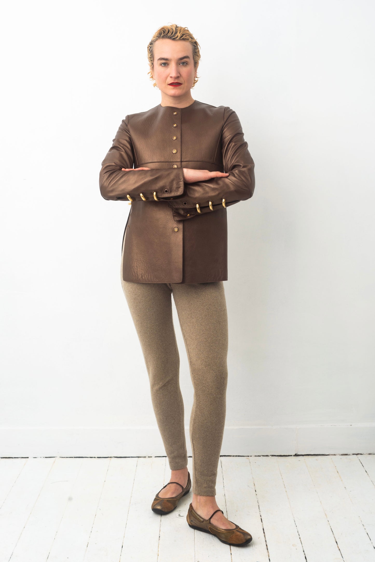 Gianfranco Ferre 80´s bronze leather jacket with golden pierced rings