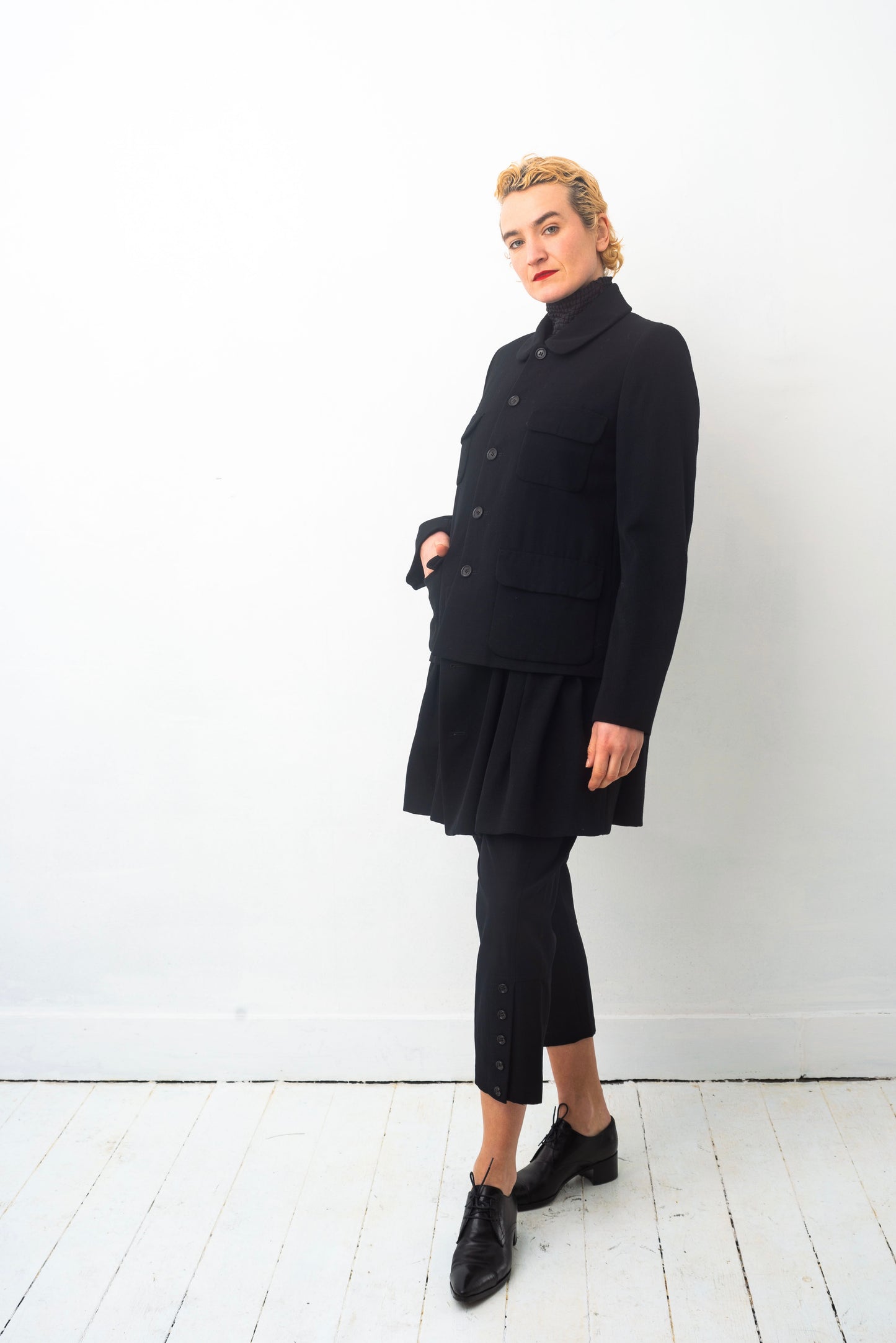 Comme des Garçons AD 1995 black wool coat with attached skirt