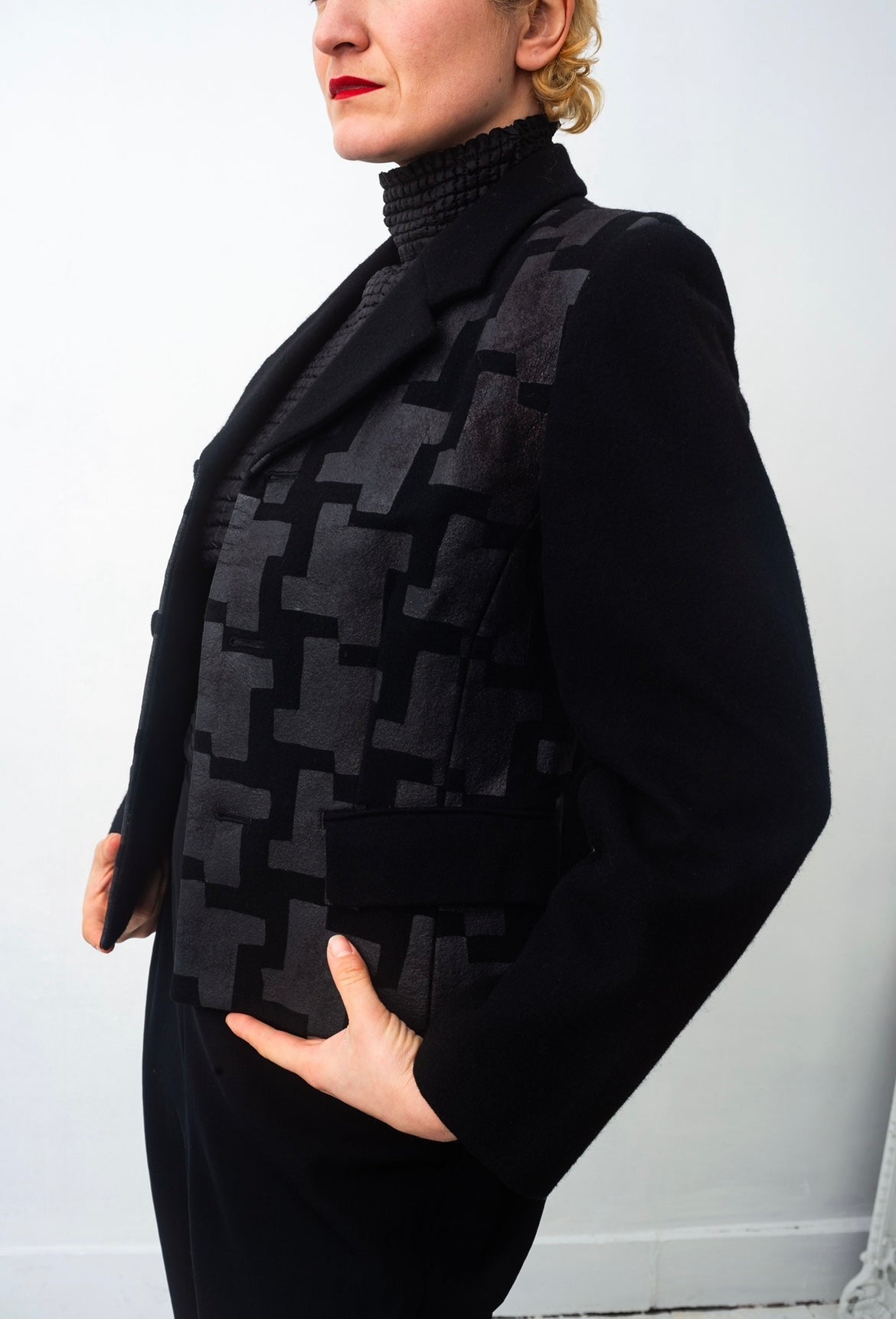 Comme des Garçons AD 1991 black wool jacket with graphic wax print