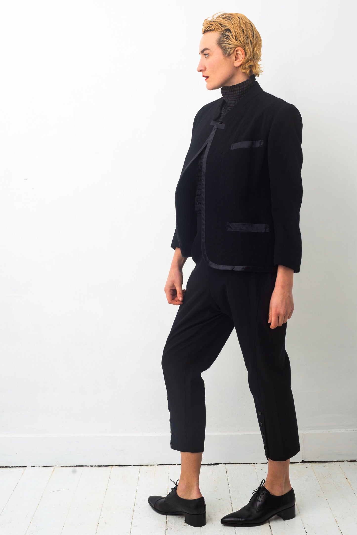 Comme des Garçons 80's wool woven short jacket with mandarin collar and silk finishings