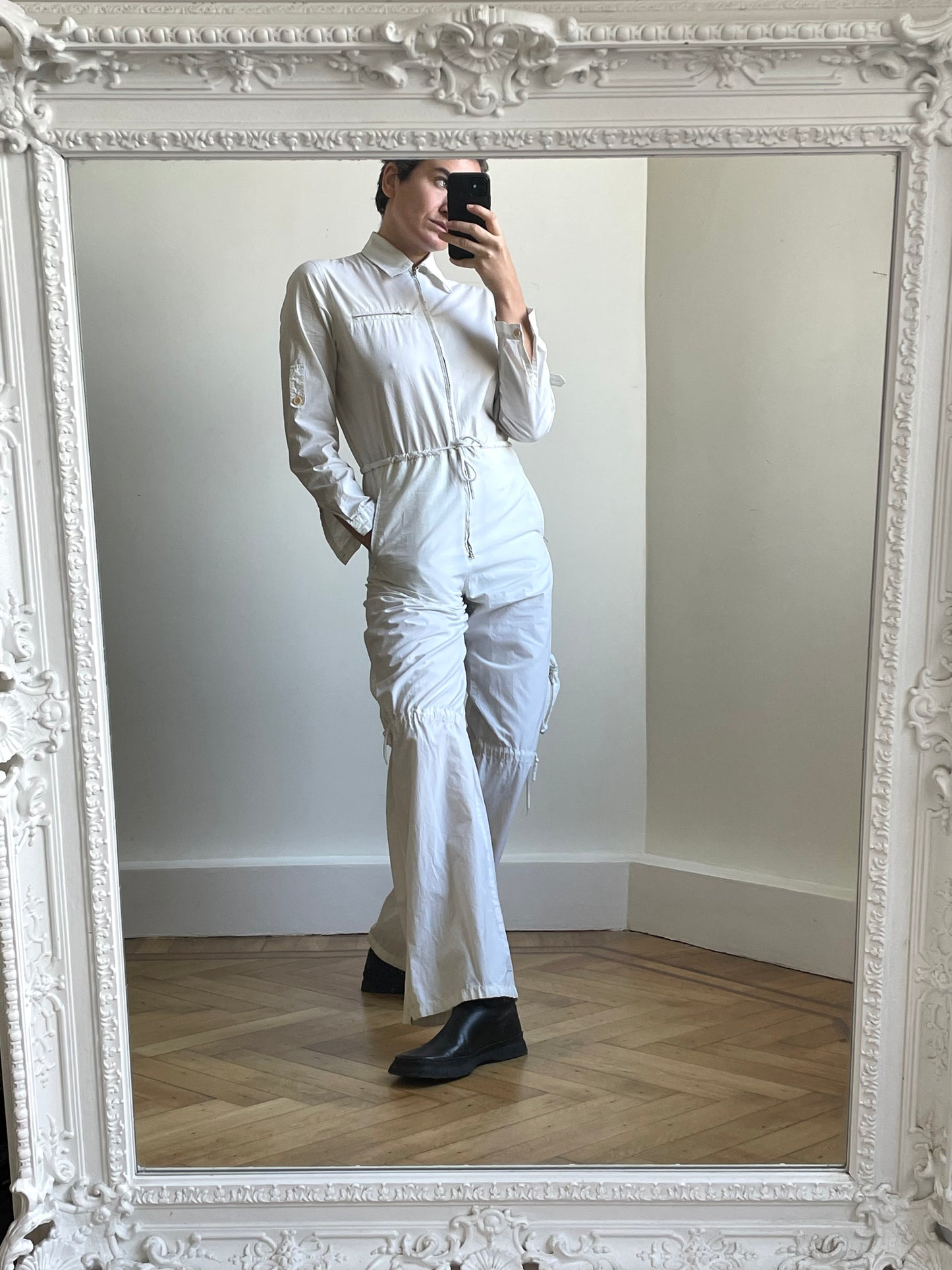 Krizia 90s white cotton workwear inspired jumpsuit