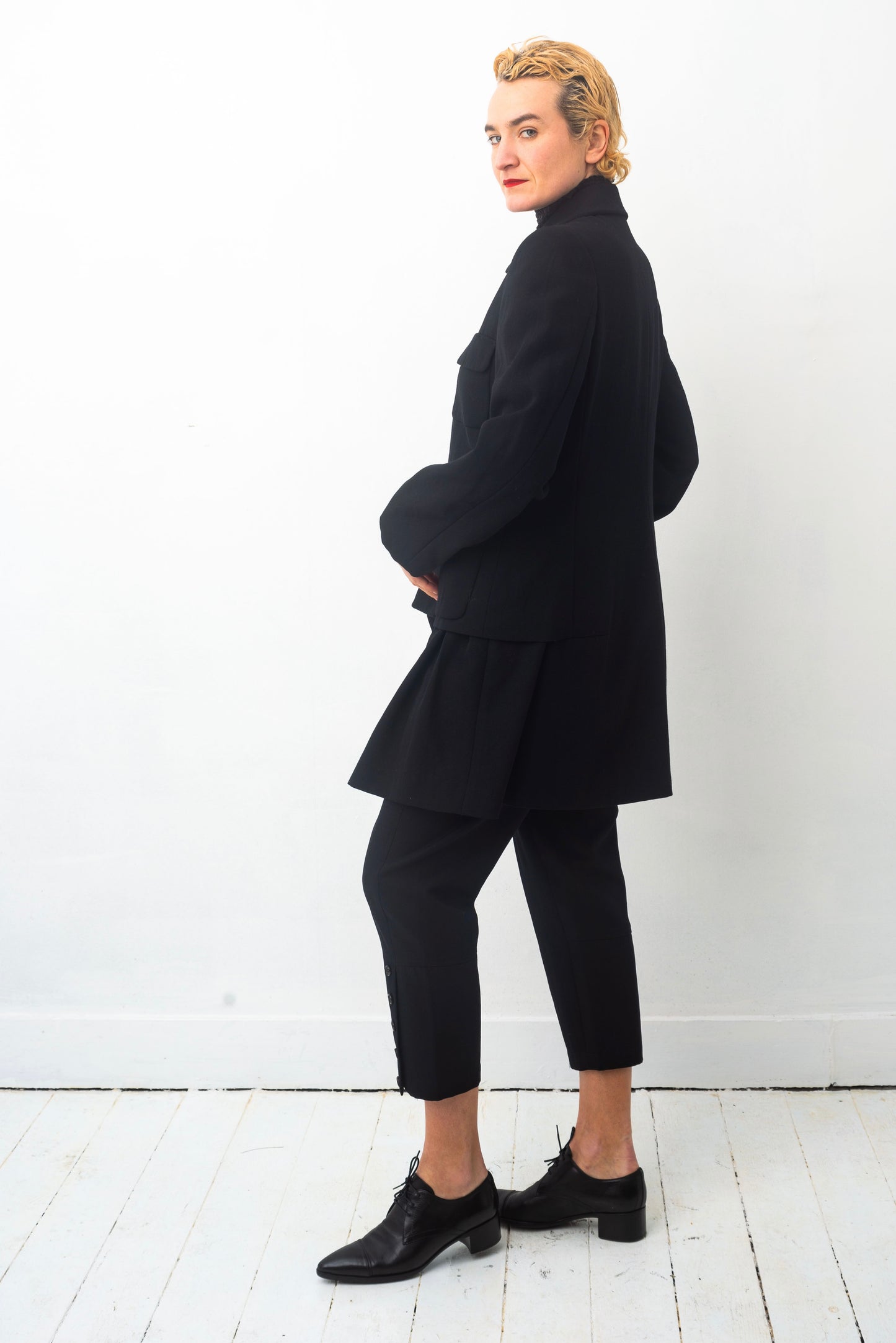 Comme des Garçons AD 1995 black wool coat with attached skirt