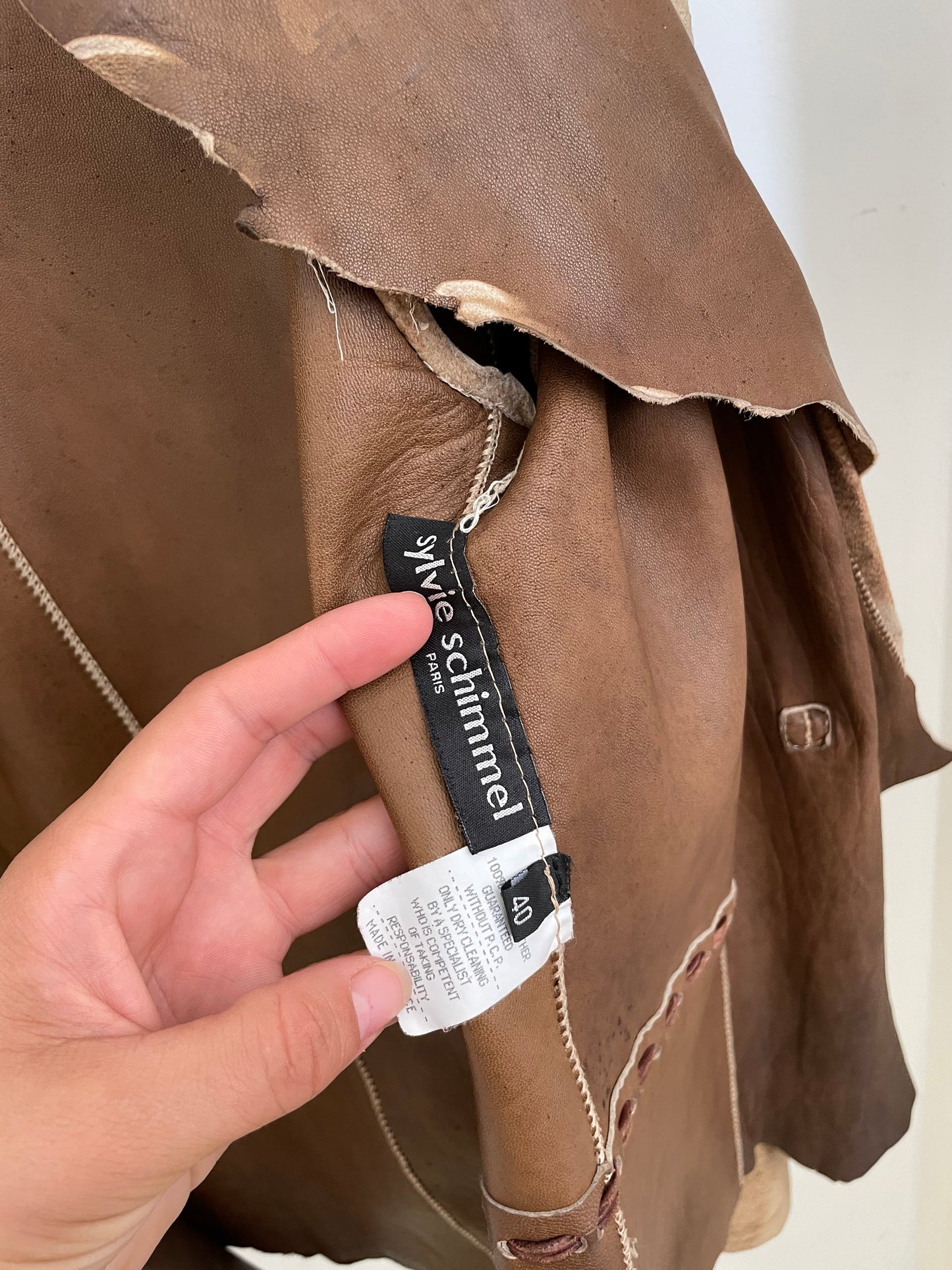 Sylvie Schimmel early 2000's leather patchwork roughly cut brown jacket