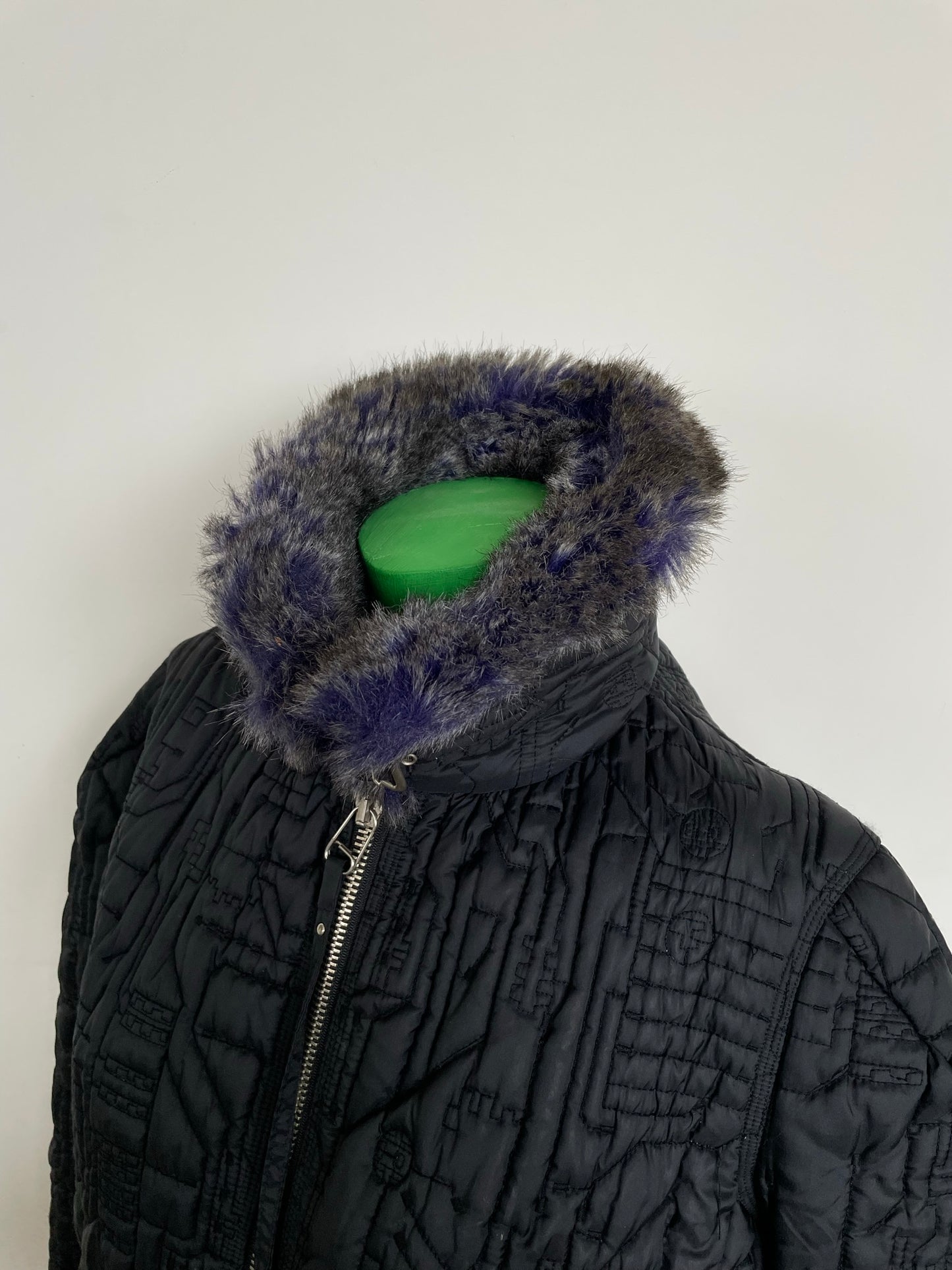Jean Paul Gaultier FW 1995 faux fur nylon coat with circuit board stitching