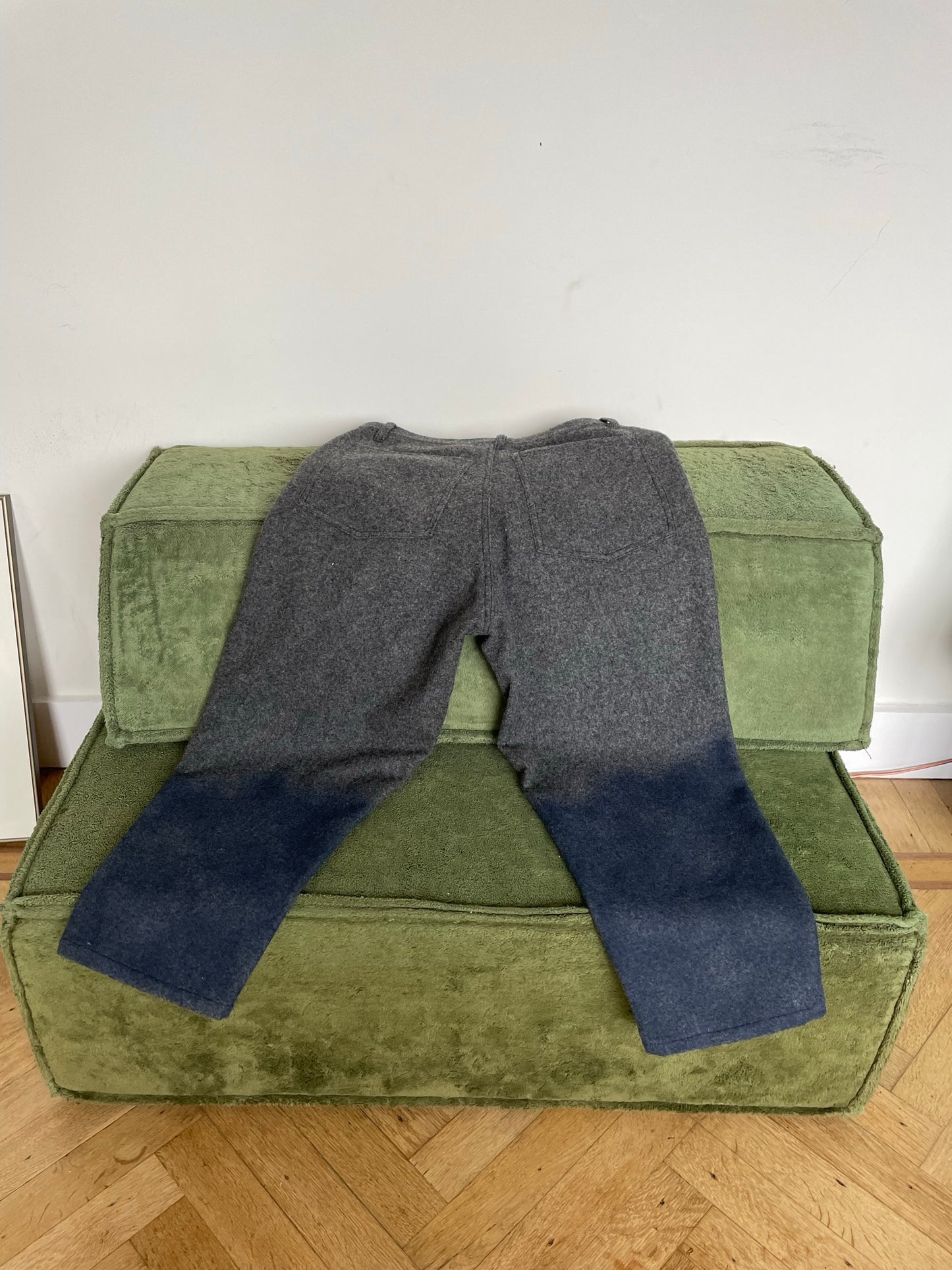 Comme des Garçons 2000's grey wool trousers with waxed blue coated ombre effect