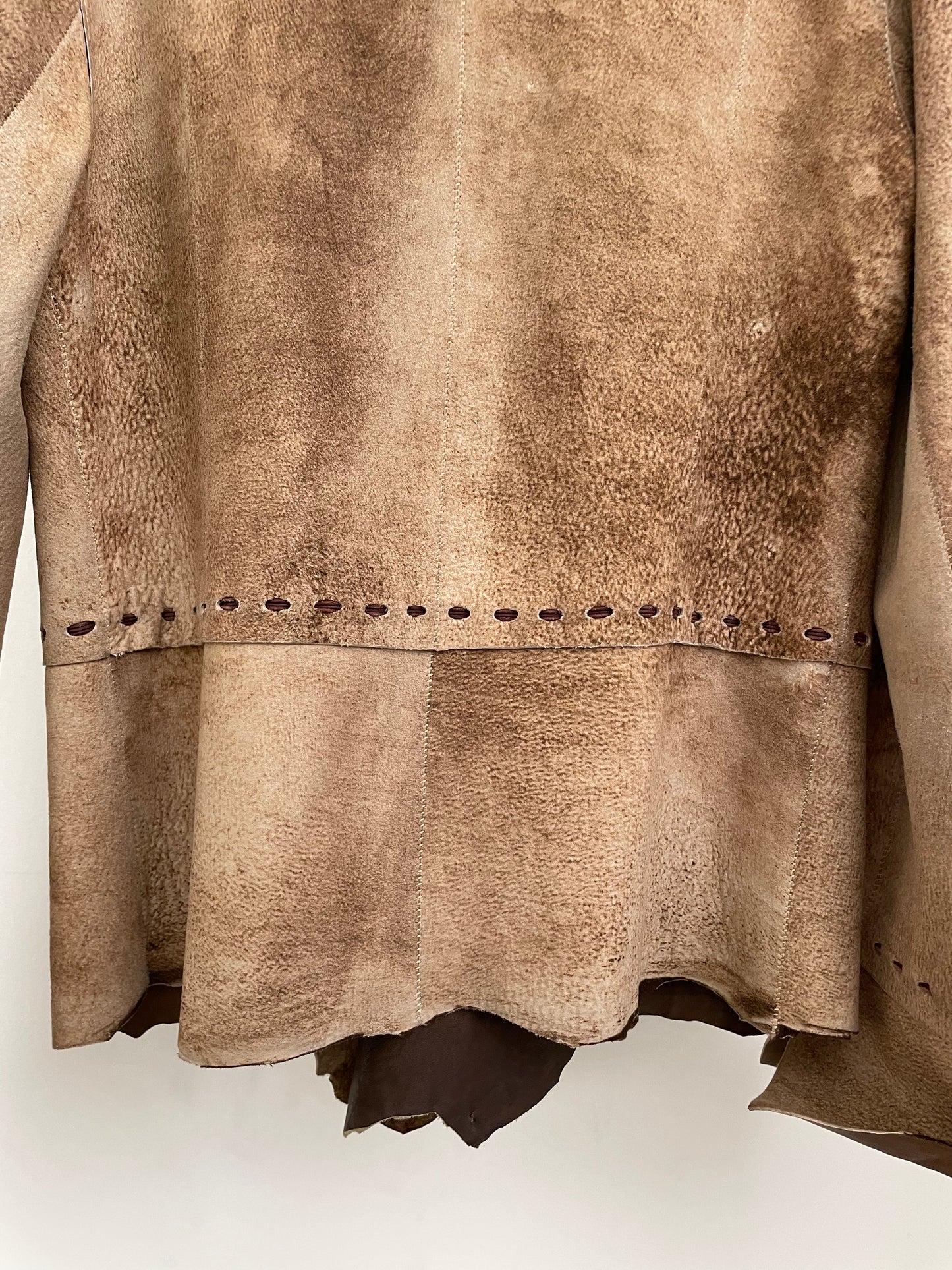 Sylvie Schimmel early 2000's leather patchwork roughly cut brown jacket